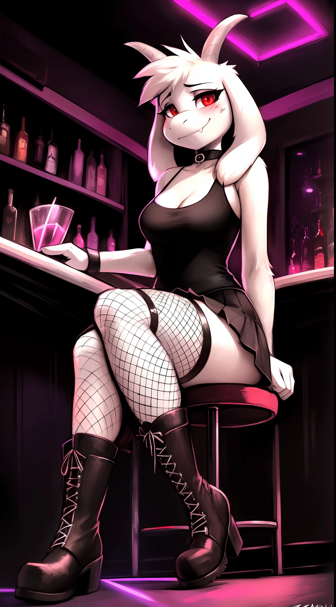 by Zackary911, kenket, kilinah, Zackary911, (((asriel, woman, breasts, antrum, extremely detailed, extremely detailed legs, extremely detailed arms, extremely detailed face, perfectly detailed eyes, perfectly detailed anatomy))): 1.2, solo, perspective, curved thighs, huge thighs, curvature, embarrassed smile, (tail), totally blushed, nervous, looking at the viewer, red eyes, black choker, gothic outfit, black tank top, white skirt, Fishnet stockings, boots, gothic makeup, Nightclub, neon lights, Fishnet gloves, bar, sitting on a chair