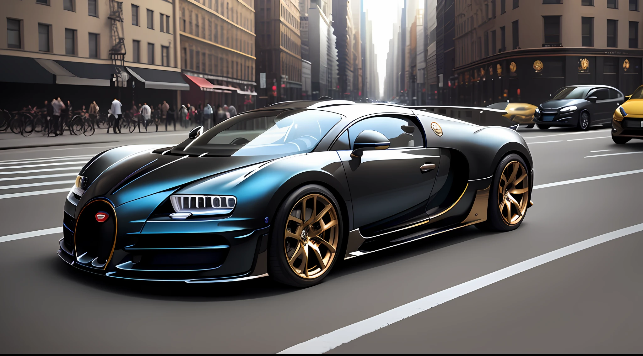 Bugatti La Voiture Noire car, gold wheels, detailed, many details, perfect, background New York city, high quality, 8k, photorealistic, accelerated