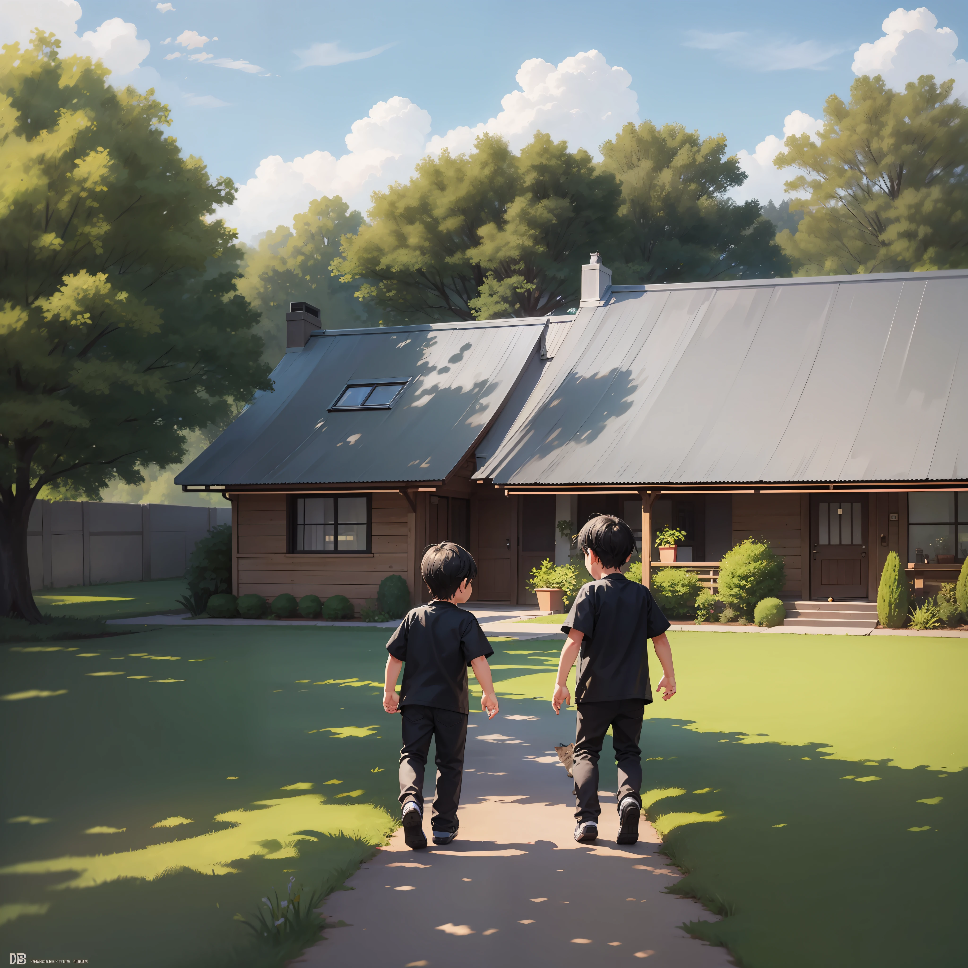 Two boys playing in an open field in a place, with sun, hot weather, one with 7 years, another with 3 years, running together, having fun, the two brothers similar, with black hair, straight, short, beautiful sorrizo, white skin, perfect details, HD 4K, photo format for story, with a cat next to them, cat jet of black and gray,  Cute, next to an apple tree, a house in the background simple, a green lawn, beautiful.