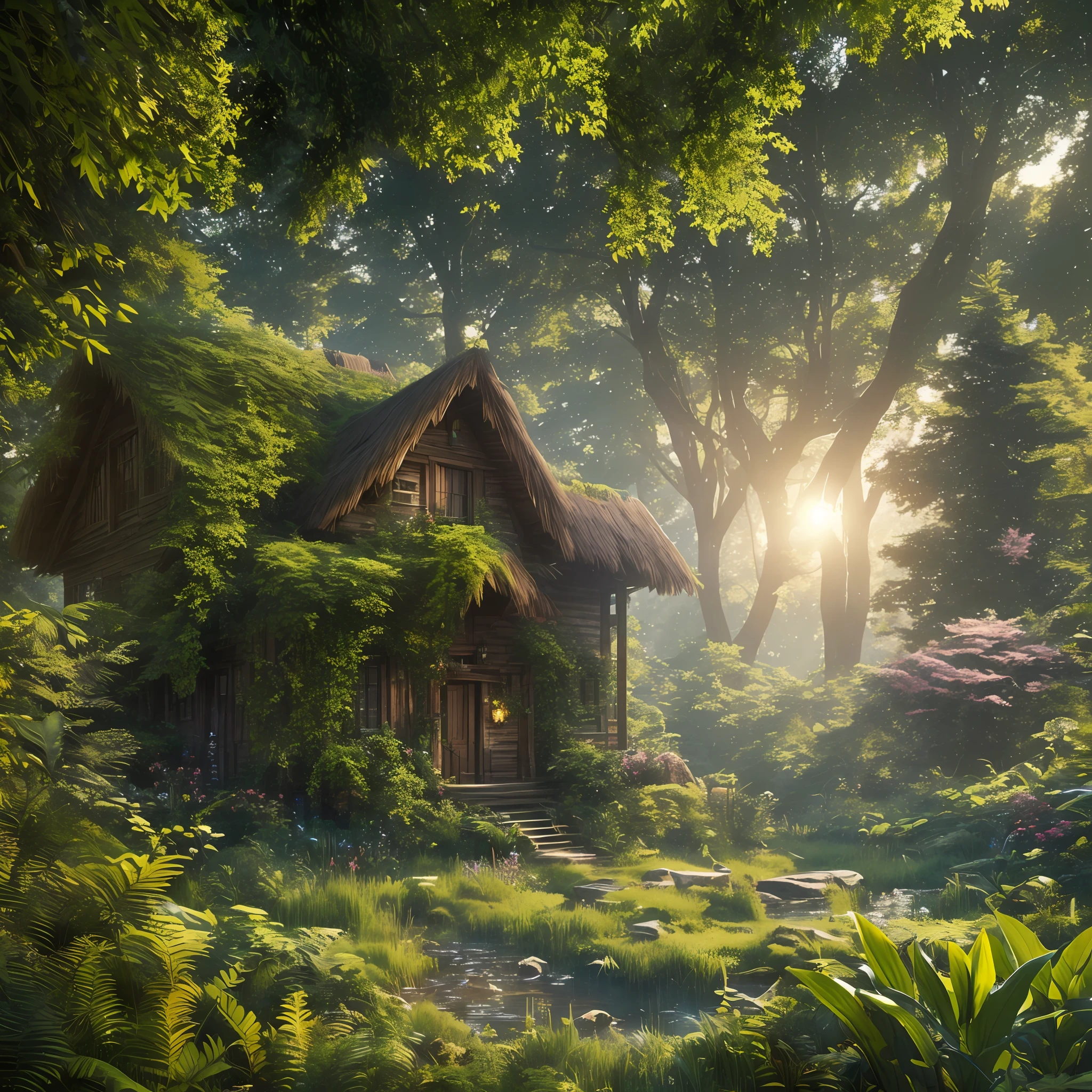 Masterpiece, best quality, (highly detailed CG unity 8k wallpaper), (best quality), (best illustration), (best shadow), isometric 3D, octane rendering, ray tracing, super detail... Cottage overgrown with ancient trees --auto --s2