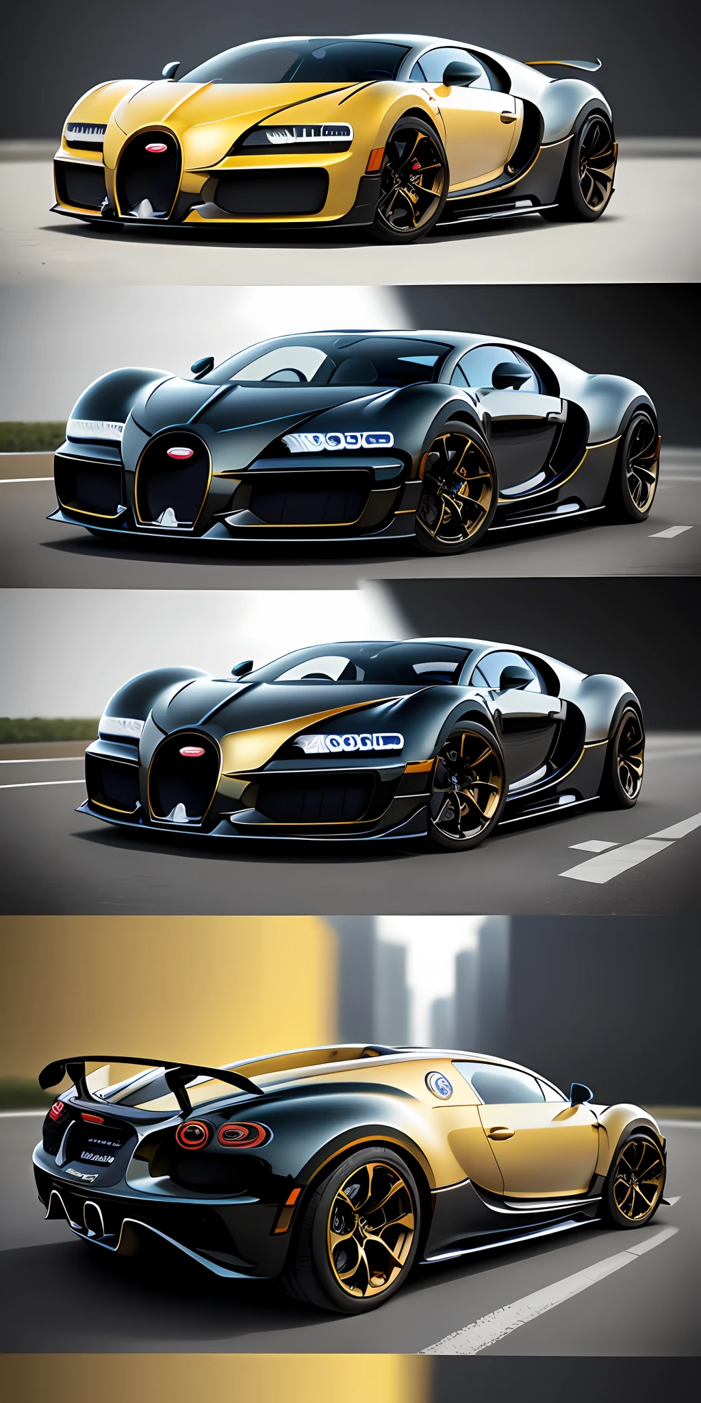 Bugatti La Voiture Noire car, gold wheels, detailed, many details, perfect, background New York city, high quality, 8k, photorealistic, accelerated