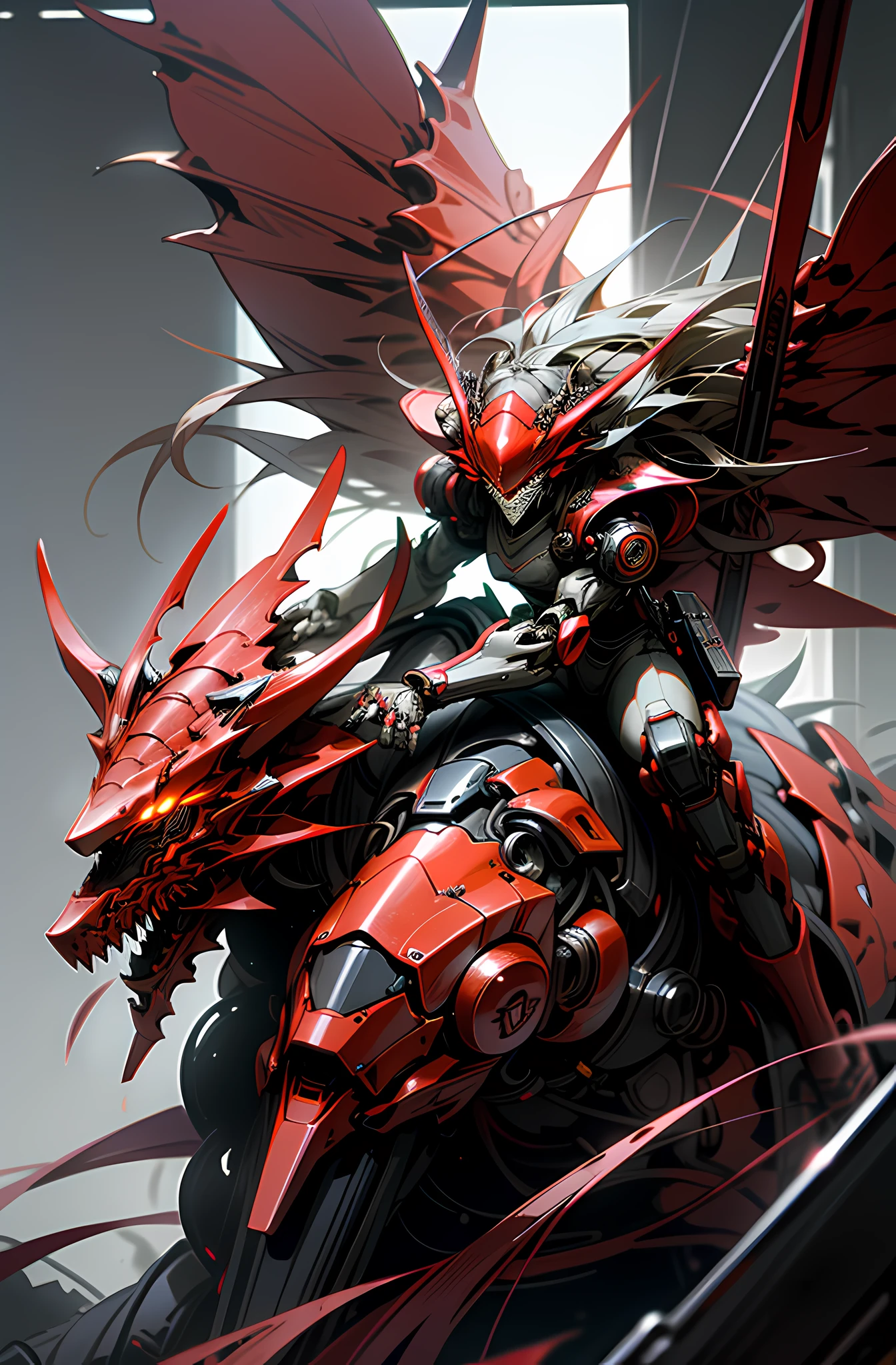 Dark_Fantasy, cyberpunk, 8K clear details (holding a Fang Tian Halberd, riding the Eastern Hell Demon Dragon Mecha, Red: 1.1), 1 person, mechanical miracle, robot existence, cybernetics guardian, beauty High contrast metallic texture Light and shadow