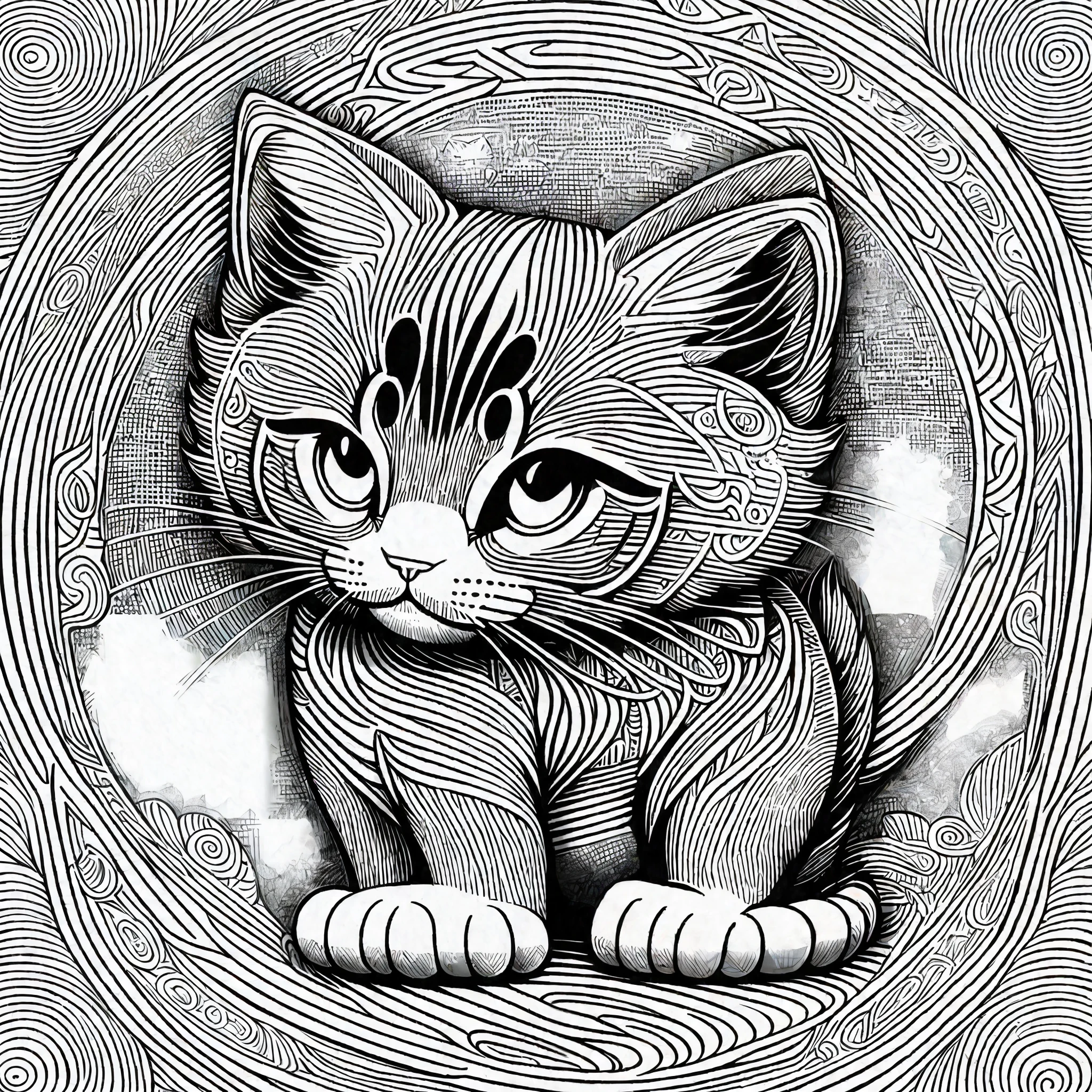 cat, kawaii style puppy, fantasy, magical, mystical, unusual, black and white, wavey lines, realistic line art drawing, coloring book page , no noise, crisp thick lines, outline art, centred image, isolated on a white background --v 4 --ar 2:3 --auto --s2