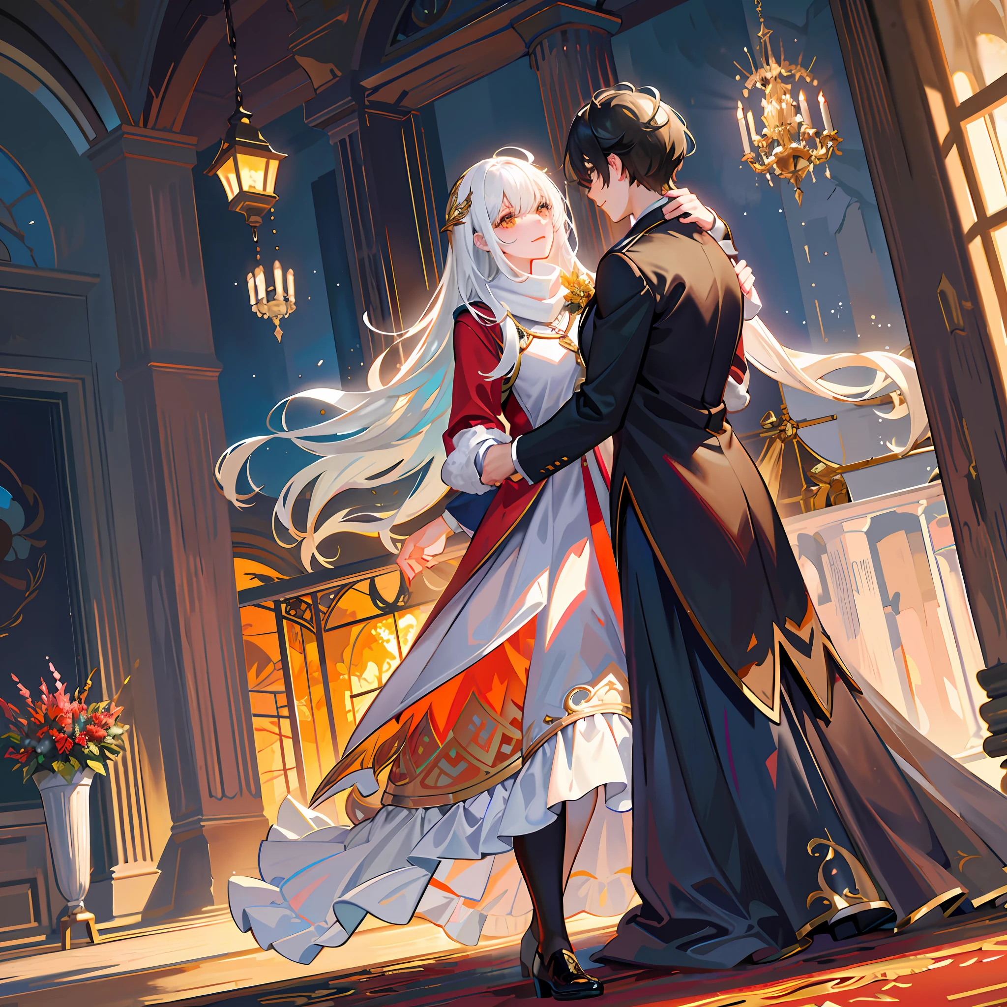 The illustration depicts a charming setting where the seasons come to life in a magical and vibrant feast. The design is full of details that represent each season in a unique and captivating way.
In the center of the image, there is a large ballroom, adorned with elements that refer to the different seasons. The gleaming floor reflects the intense colors of the flowers that bloom in spring, creating a multicolored carpet. Around the hall, large columns display ivy and vines reminiscent of the splendor of summer.
On the ceiling, a dazzling stained glass window illuminates the environment with golden, orange and reddish tones, symbolizing autumn. The stained glass window depicts falling leaves, migrating birds and a balmy sun, creating a warm and nostalgic atmosphere.
The walls are decorated with paintings depicting snow-covered landscapes, icy trees and sparkling snowflakes, representing winter. These paintings seem to come to life as the lighting changes, displaying a magical dance of the seasons.
In the center of the hall, an imposing hanging chandelier emanates a soft, shimmering light, as if it were made of stars. Flowers of all colors and sizes adorn the tables and gardeners, bringing an explosion of life and lush perfumes.
The characters present in the illustration are dressed according to each season. A young woman in a floral dress represents spring, while a couple dances elegantly dressed in light summer attire. A man with a cloak of dried leaves personifies autumn, and a woman with cozy clothes and scarf representing winter.
In the background, through the windows of the hall, it is possible to see a stunning scenery that shows a smooth transition between the seasons. Spring blooms in a verdant field, summer shines with a radiant sun, autumn is painted with golden trees, and winter reveals a snowy landscape.