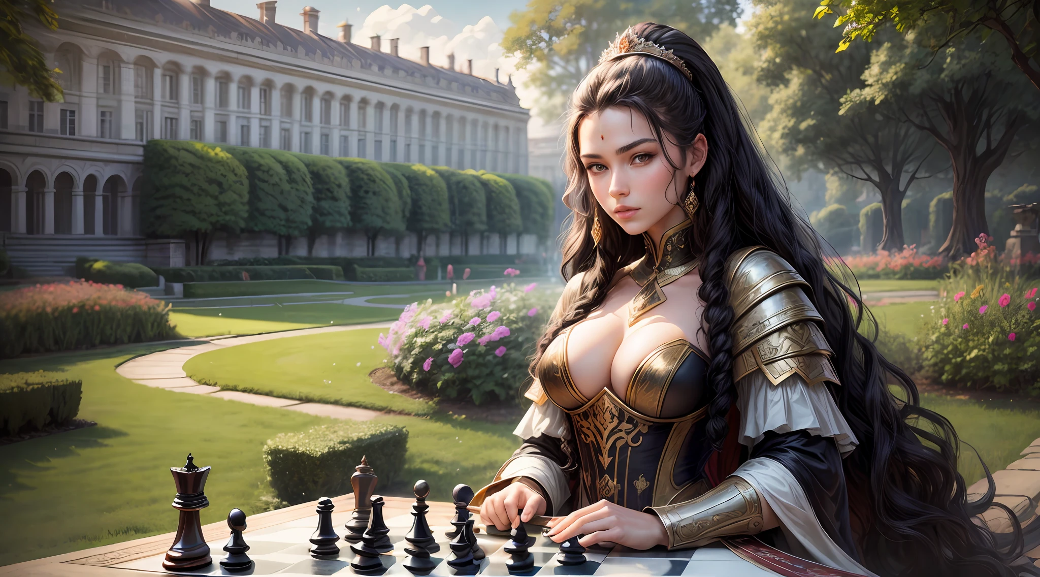 (masterpiece, high quality) Giant chess board in the palace garden in the background, beautiful young woman holding sword, long curly black hair, y woman on the side of the board. --auto --s2