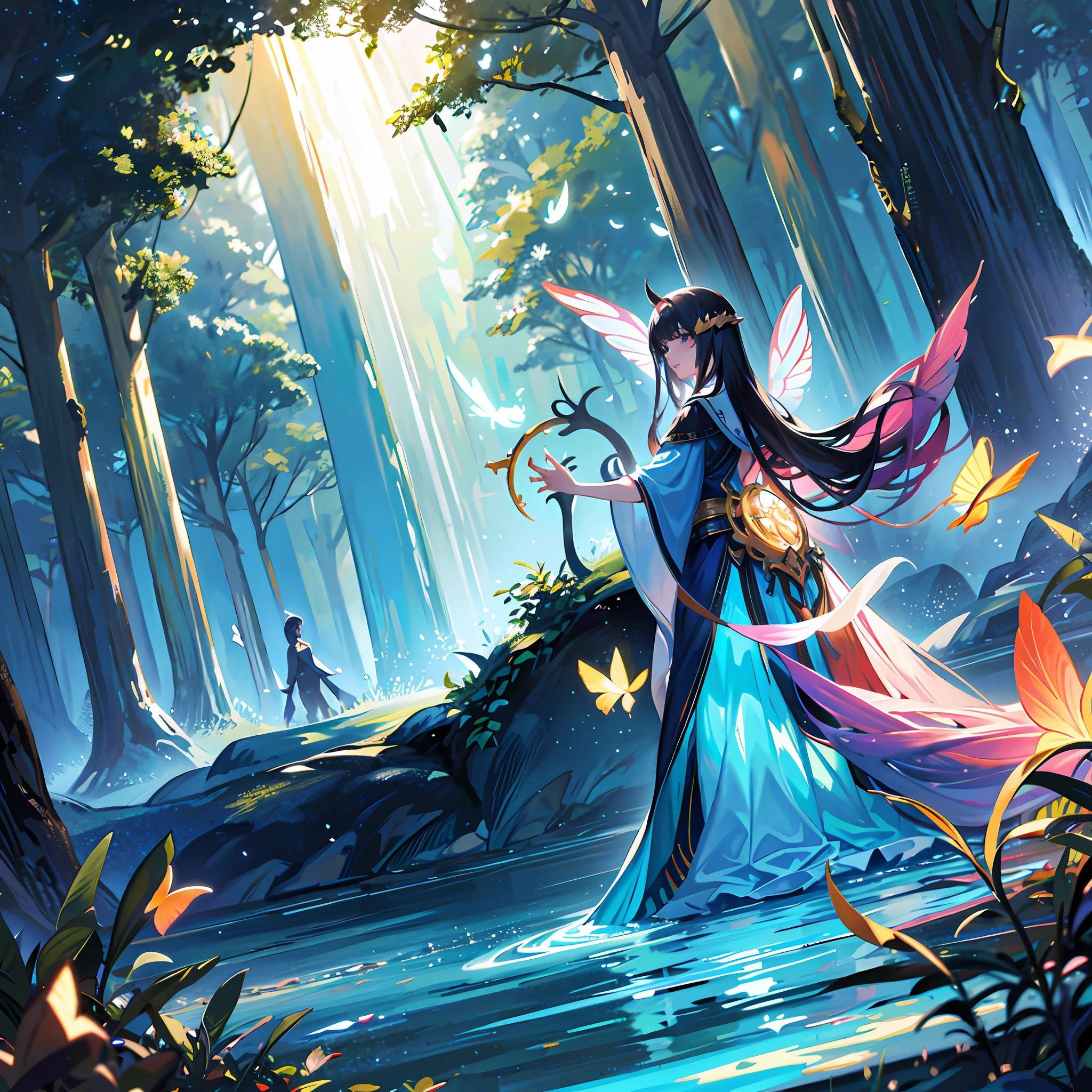 The illustration depicts a magical and enigmatic forest, where reality blends with the world of dreams. The scene is full of fantastic and surrealistic elements, transporting the viewer to a universe of wonders.
The forest is dense and lush, with tall trees and leafy canopies that intertwine forming a verdant roof. The sun's rays gently filter through the foliage, creating a mystical and soothing atmosphere.
As we entered the forest, we began to notice peculiar and charming details. Luminous, multicolored flowers bloom on the ground, emitting a soft glow that illuminates the path of visitors. Butterflies of extraordinary sizes dance in the air, their wings gleaming with bright, iridescent colors.
At every step, we discover fantastic creatures that inhabit this magical environment. Fairies in flowing dresses fly gracefully through the trees, leaving a trail of twinkling sparks in their path. Half-human, half-animal beings, such as centaurs and fauns, wander through the forest, emanating an aura of mystery and wisdom.
In the center of the scene, there is a crystal clear stream that winds through the trees. The water is clear and reflects everything around you, creating a magic mirror where dreams materialize. Aquatic beings, such as mermaids and newts, emerge from the waters, their tails glowing in shades of blue and green.
On the horizon, the forest stretches as far as the eye can see, disappearing into the mists of the imagination. The sky is filled with twinkling stars, even during the day, lending a touch of cosmic charm to the landscape.