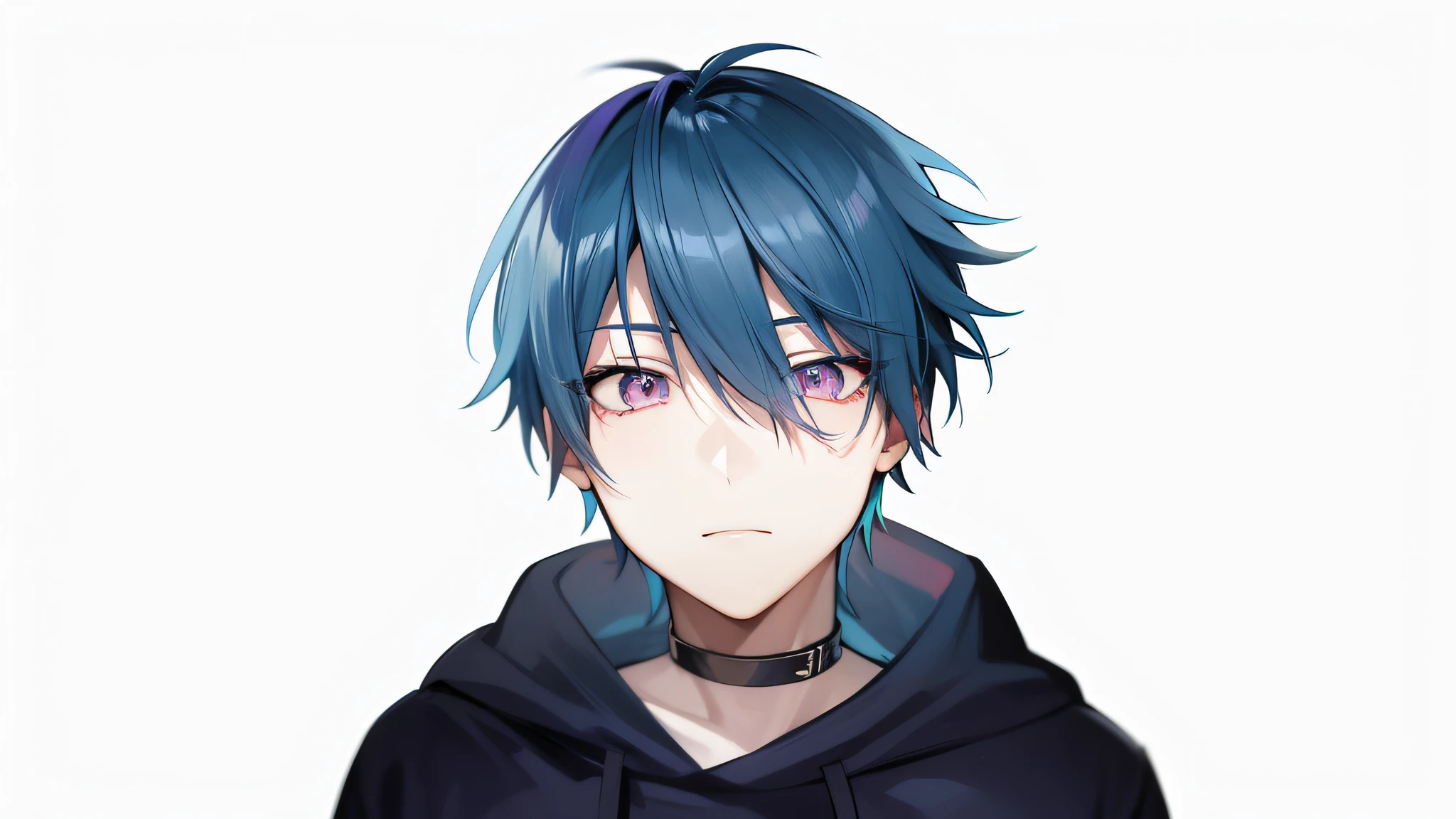 Anime boy with blue hair and black hoodie looking at camera, Kazuto Okada, 2D anime style, young anime man, anime moe art style, Ikuto Yamashita, anime portrait of handsome man, portrait gapmoe yandere grim dark, hana hata, male anime character, nobutaka ike, anime boy, pink eye, pink eyes, male, adolescent, closed mouth, small mouth