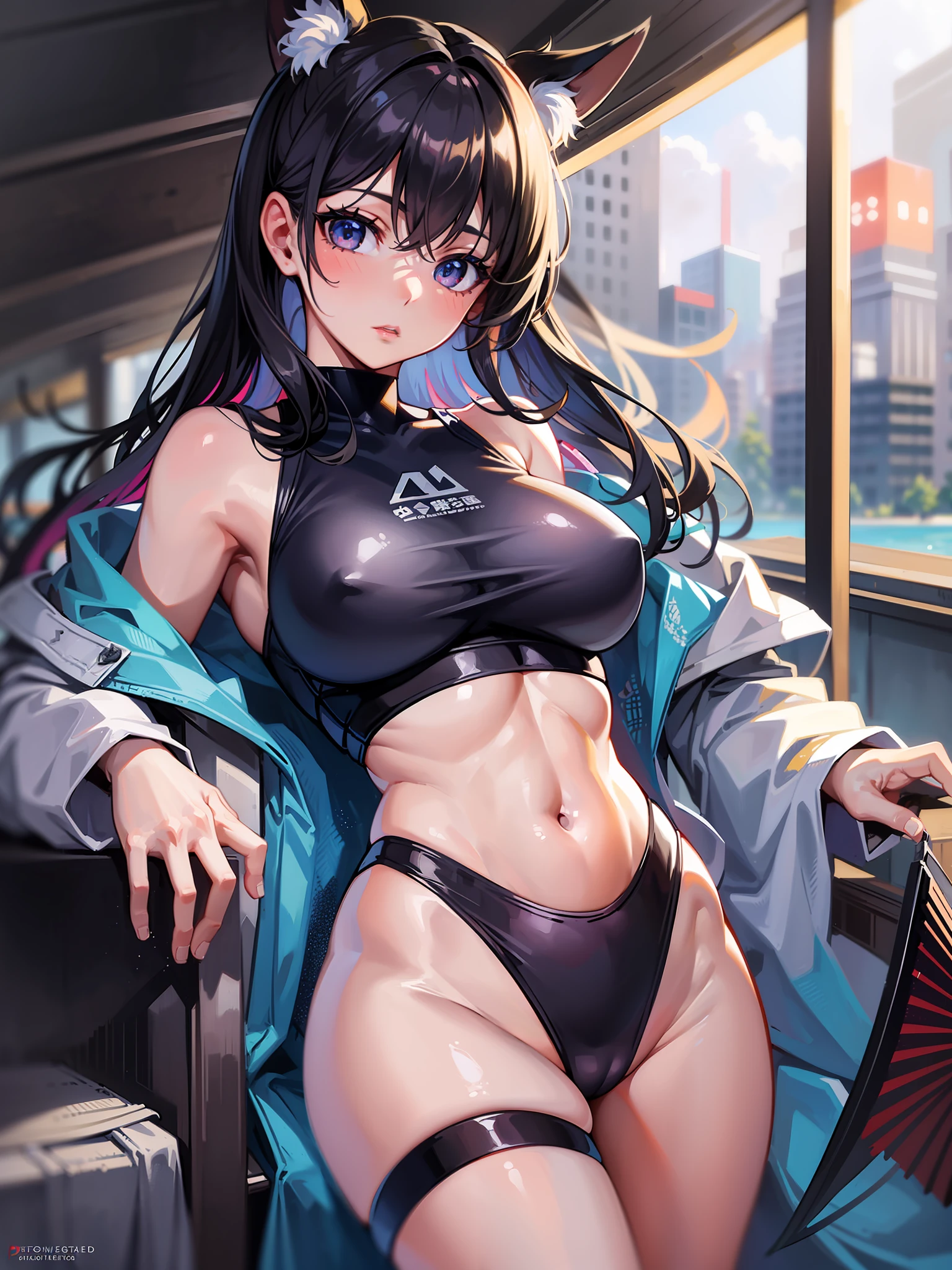 masterpiece, best quality, (realistic, 1girl, solo, beautiful face, detailed face, beautiful eyes), (breasts), thighs, long hair, ponytail, breasts contains, red, shinobi, ninja, bare shoulder, elbow gloves, skirt curtain, hand fan, fans