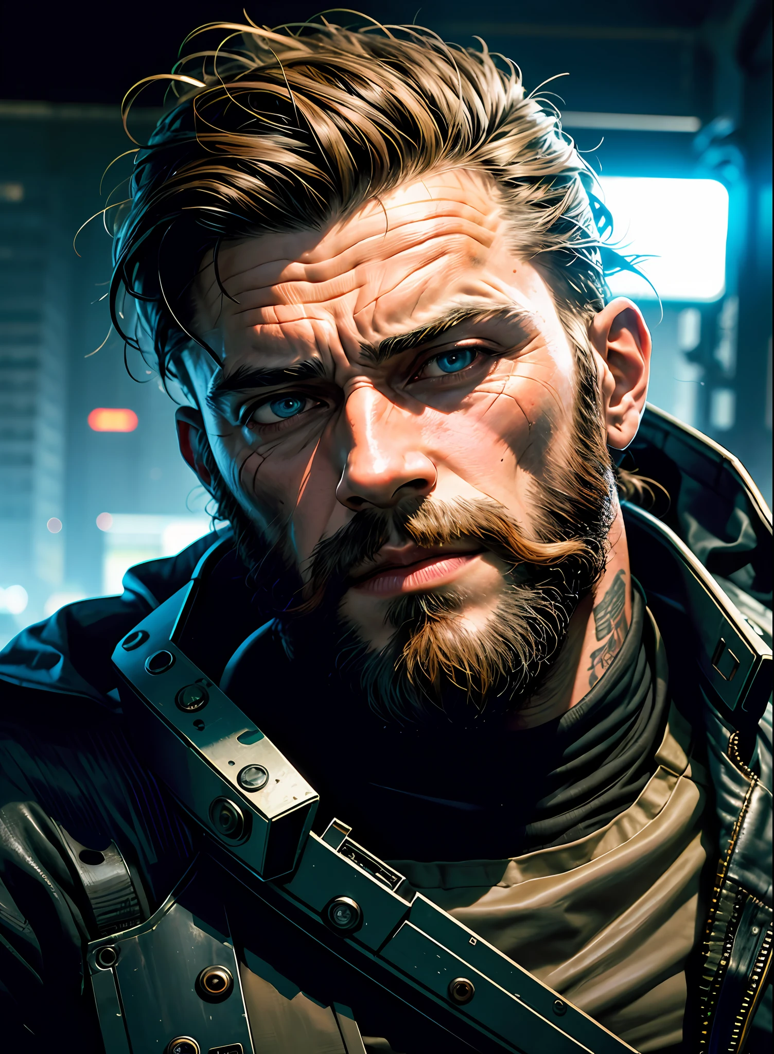 cyberpunk film, raw photo of man with beard, 3/4, soldier, armor, tough guy, chiselled jaw, gigachad, close up, half face, deep night, dark room, hight quaility, detailed skin, clear face, detailed hair, cinema shot, hdr, sharp focus