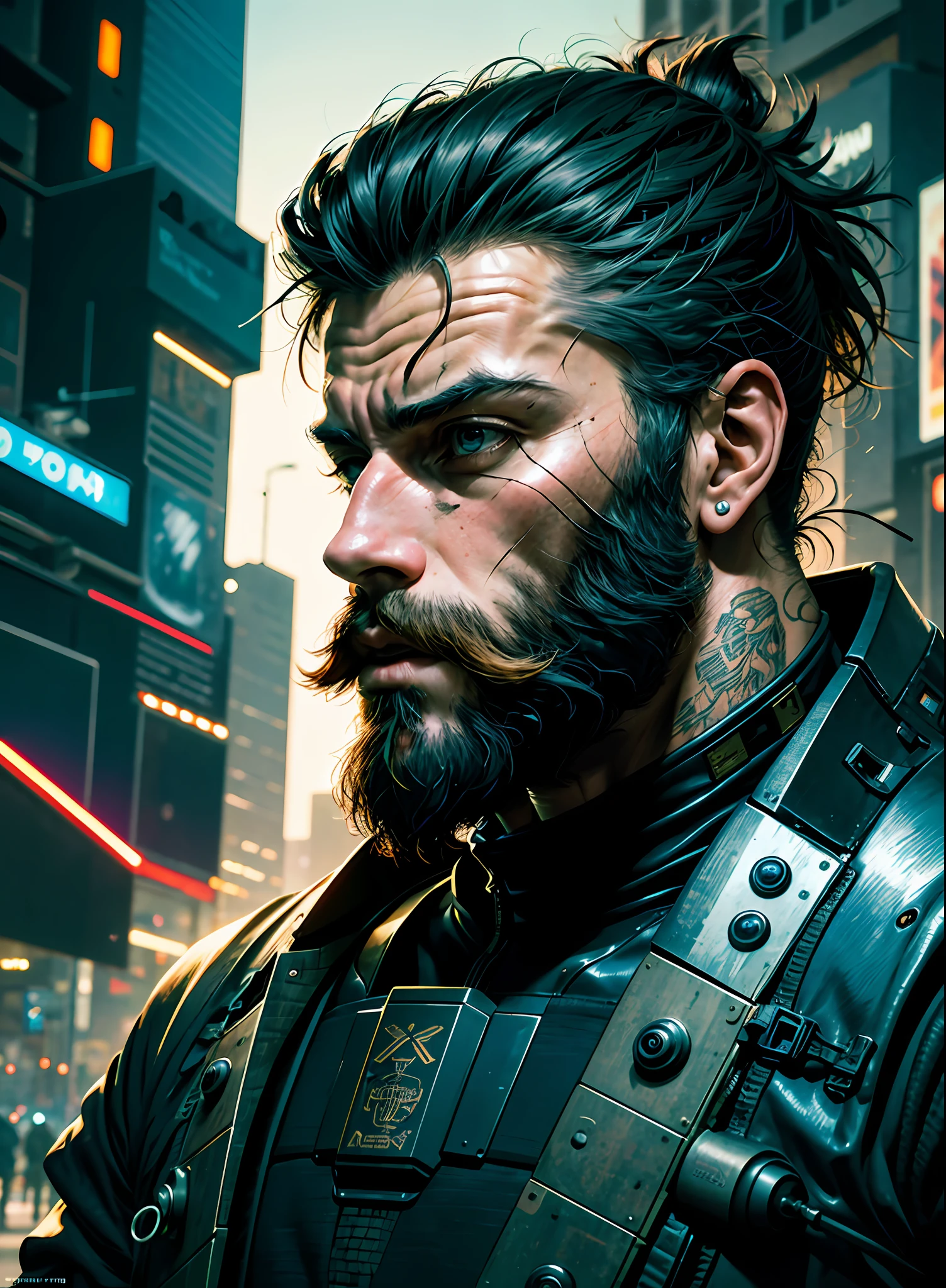 cyberpunk film, raw photo of man with beard, 3/4, soldier, armor, tough guy, chiselled jaw, gigachad, close up, half face, deep night, dark room, hight quaility, detailed skin, clear face, detailed hair, cinema shot, hdr, sharp focus