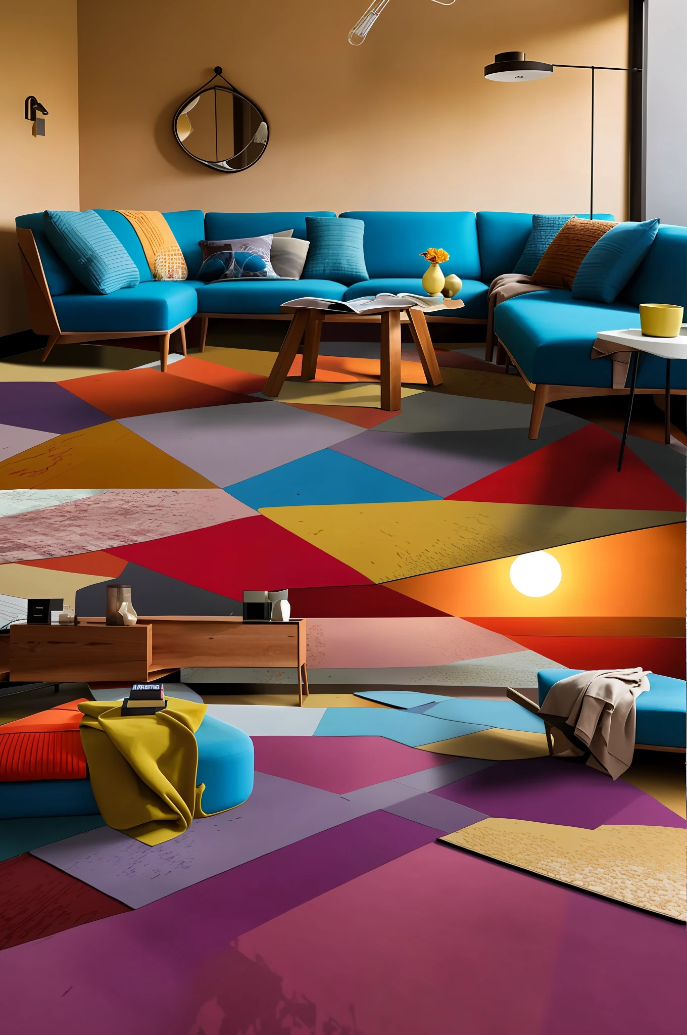 carpet Couch patchwork crochet, very colorful, dvArchModern, 85mm, f1.8, portrait, photorealistic, hyperrealistic, prayerful, super detailed, intricate, dramatic, sunset lighting, shadows, high dynamic range