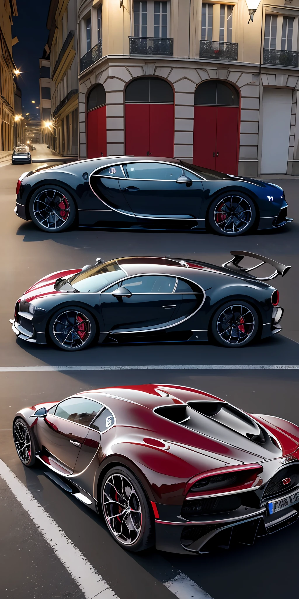 Best quality, masterpiece, ultra high res, (photorealistic:1.5), raw photo, red black bugatti chiron super sport, night, (small french street background:1.2)