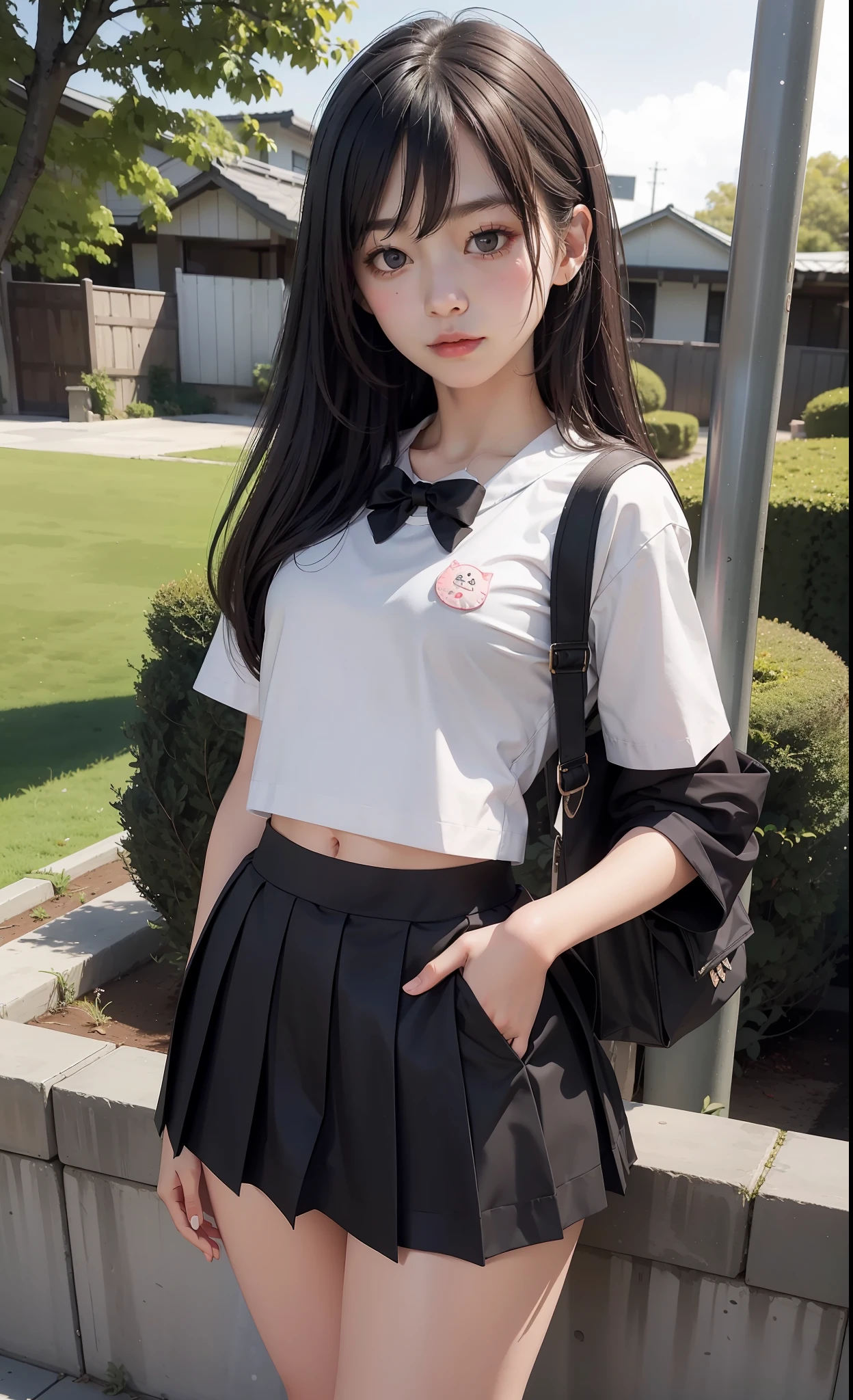 concept art, small chest, hips, look at viewer, shy blush face, sexual expression, 1school girl, wearing white school top, black skirt, Japanese school dress, skirt floating, unconcerned, NSFW, quality, in the garden, loli, contrast, dark,