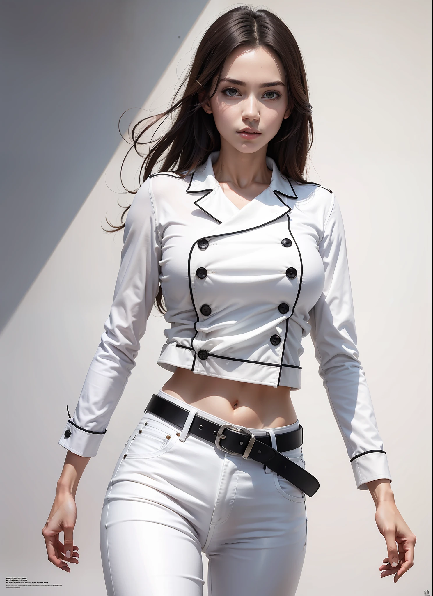 medium breasted woman, white jeans, white belt, movie poster