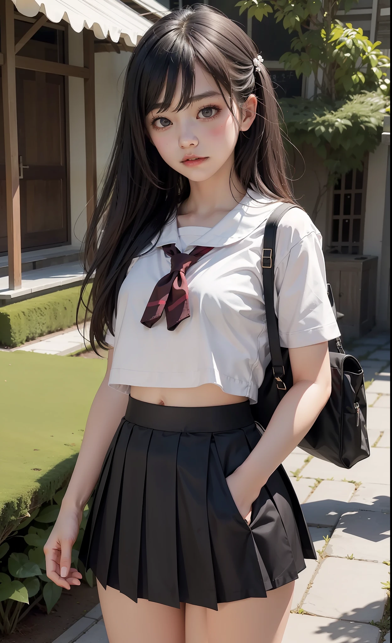 concept art, small chest, hips, look at viewer, shy blush face, sexual expression, 1 girl, wearing white school top, black skirt, Japanese school dress, skirt floating, unconcerned, NSFW, quality, in the garden, loli, contrast, dark,