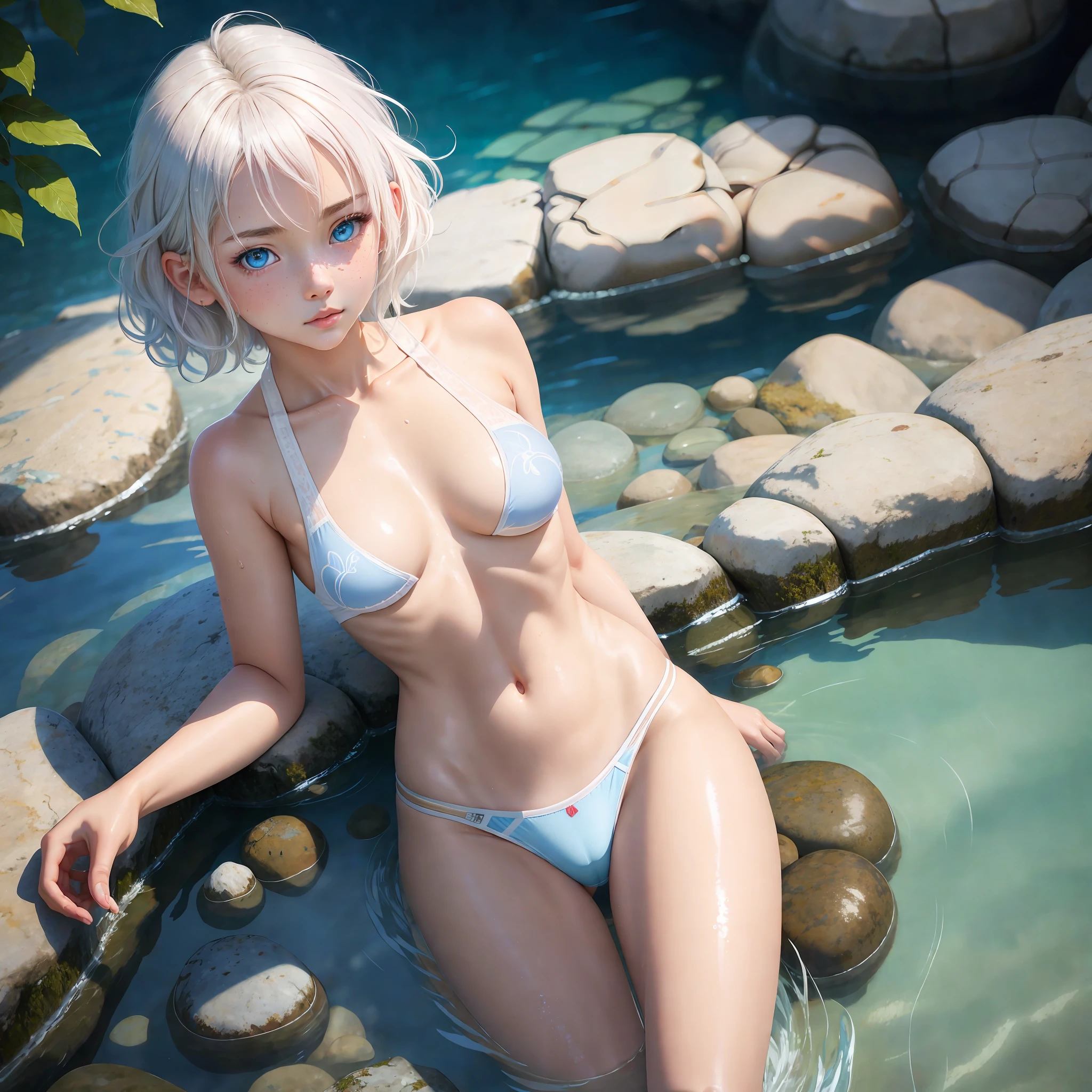 Japanese menido, beautiful, beautiful eyes, white hair, short wavy hair, light blue eyes, striking eyes, seductive, strong look, blush, shiny, lying in water, completely wet, transparent shirtwet and open, transparent wet underwear open, branch in foreground, colored water, stones around, from above, masterpiece, best quality, ultra-detailed, animated,, illustration, hdr, full hd, nude, realistic, ultra realistic, realistic face details, soft freckles, sexy, teen, 15 year old boy, tanned skin, transparent underwear, athletic body, brunette