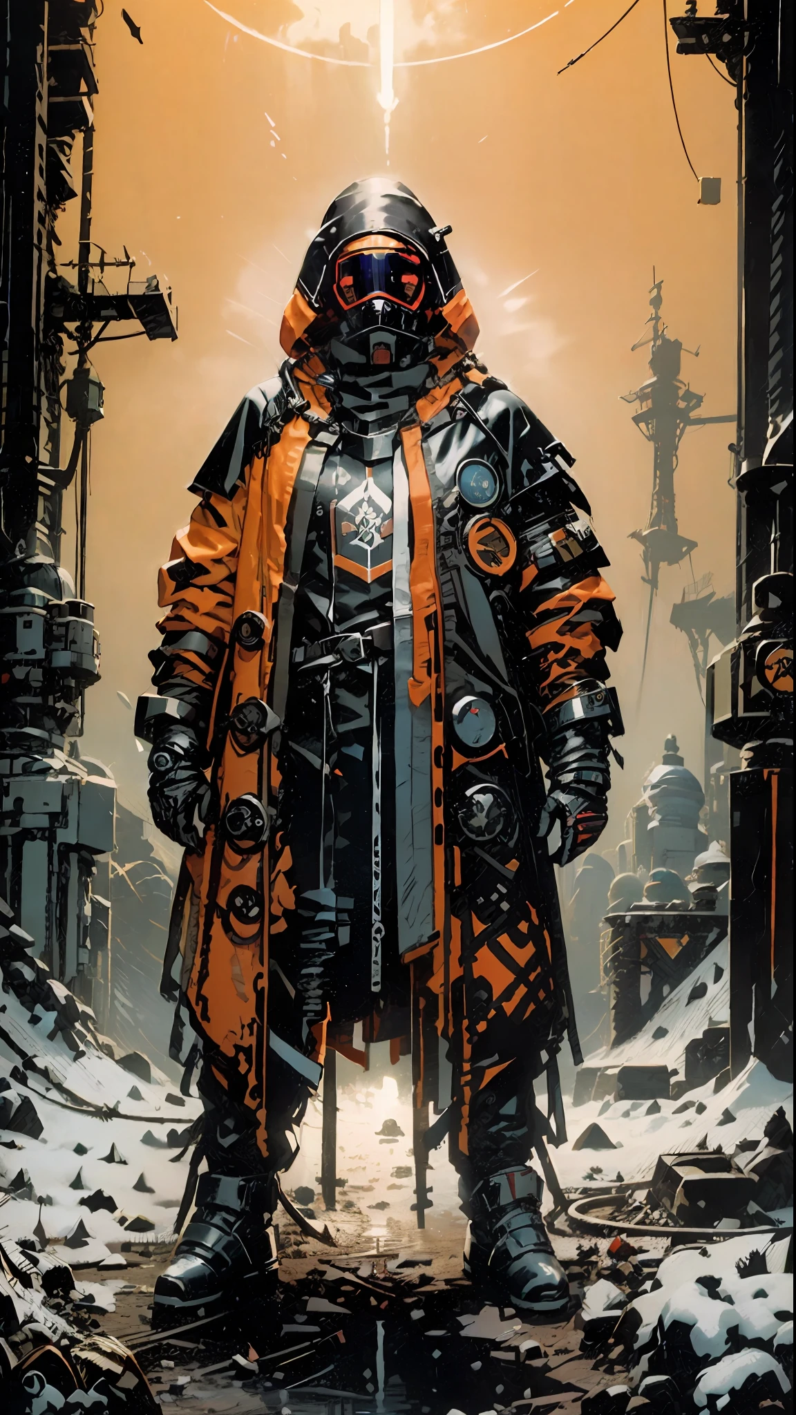 ((masterpiece)), (ultra detailed), 1 Man , solo, full body, prisoner clothing, cold, layers of clothes, bulky orange clothes, black details, futuristic clothes, inspired by Adrienn Henczné Deáki, large pants, boots with hair, cold, orange clothing, hood, respiratory masks, goggles, hands tied, neck light ring, winter, high fashion, inspired by Olivia de Berardinis , artstation, conceptual art,  smooth, sharp focus, dramatic lighting, highly detailed art, cinematic, hyper realistic painting