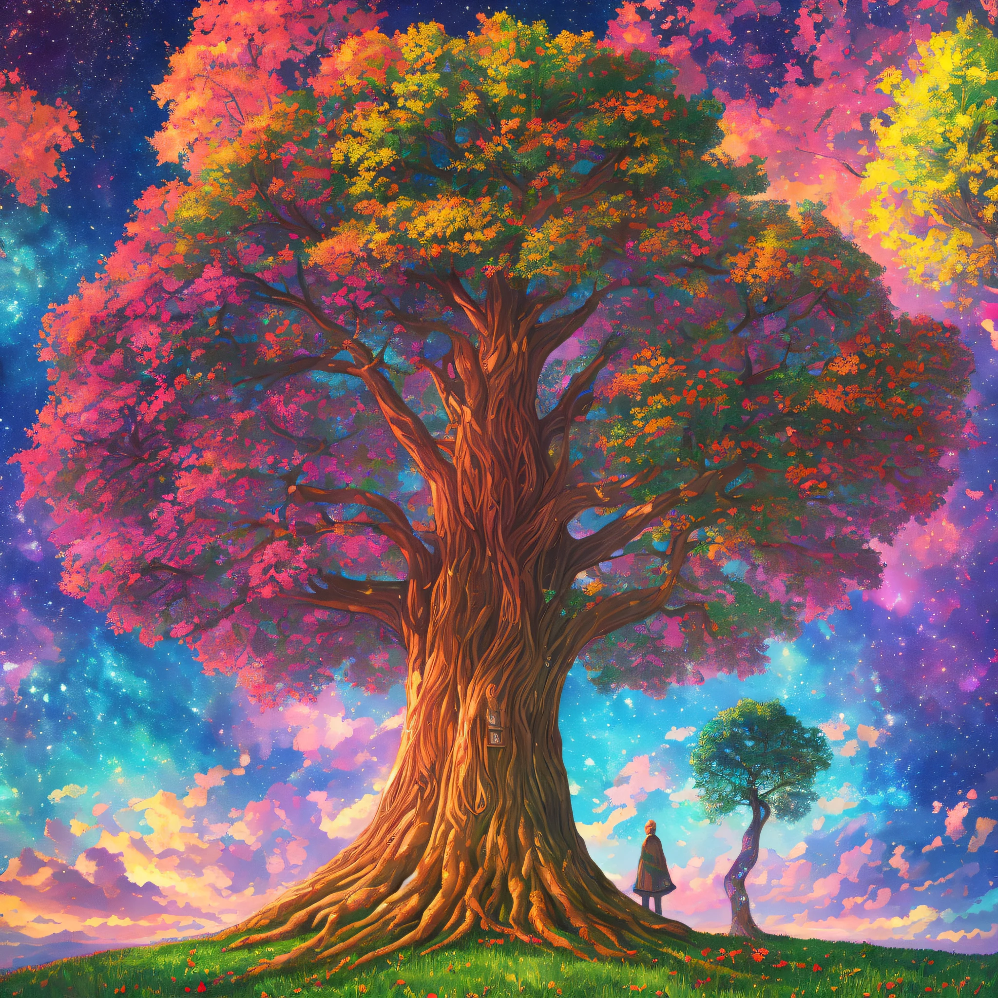 a painting of a tree with a colorful sky background, cosmic tree of life, magical tree, tree of life seed of doubt, cosmic tree, magic tree, the world tree, the tree of life, fantasy tree, tree of life, colorful otherworldly trees, world tree, collective civilization tree, rooted lineage, tree of life brains, psychedelic art, living tree --auto --s2