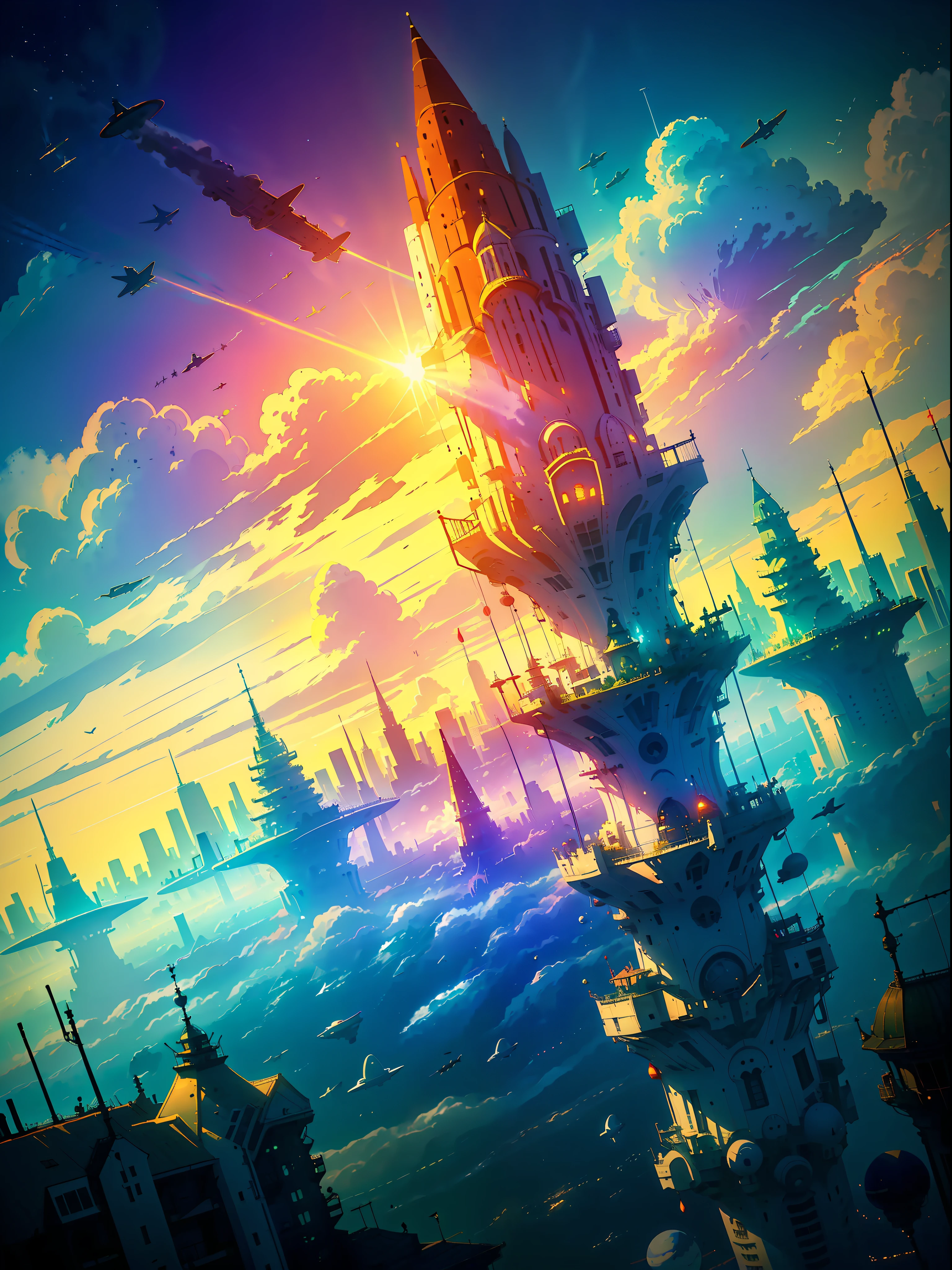 ((🎈 City in the Sky composed of spaceships)), quality of artwork, rendering of particles, ({vivid} high saturation), ({floating} suspended), ({water} water surface) scenes, under ({ sunlight}), ( 🌊 🌫️ { fog 🌈 ☀️ 🔮} fog) surrounded by extremely distant perspectives. --v6