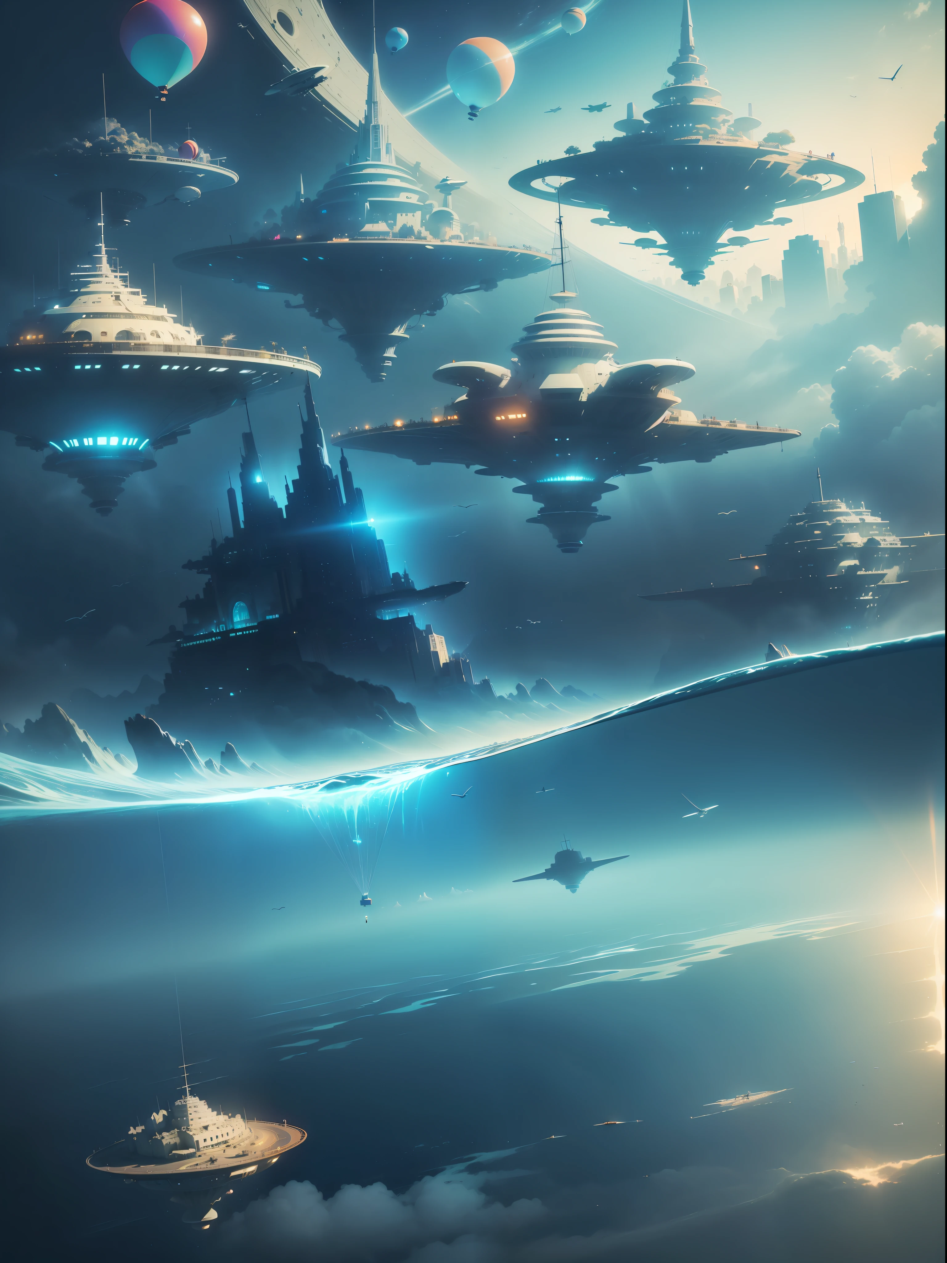 ((🎈 City in the Sky composed of spaceships)), quality of artwork, rendering of particles, ({vivid} high saturation), ({floating} suspended), ({water} water surface) scenes, under ({ sunlight}), ( 🌊 🌫️ { fog 🌈 ☀️ 🔮} fog) surrounded by extremely distant perspectives. --v6