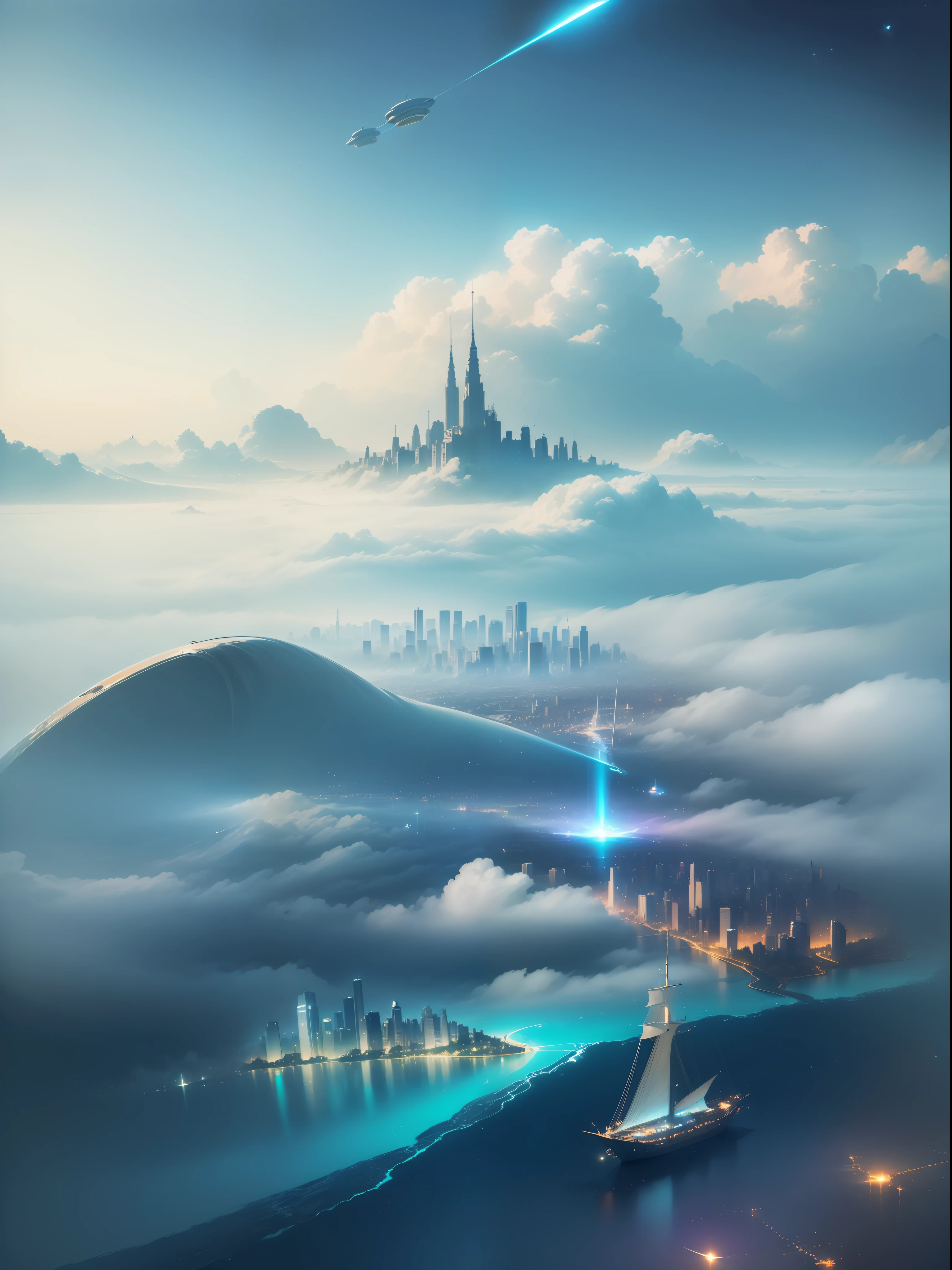 ((🎈 City in the Sky composed of spaceships)), quality of artwork, rendering of particles, ({vivid} high saturation), ({floating} suspended), ({water} water surface) scenes, under ({ sunlight}), ( 🌊 🌫️ { fog 🌈 ☀️ 🔮} fog) surrounded by extremely distant perspectives. --v6