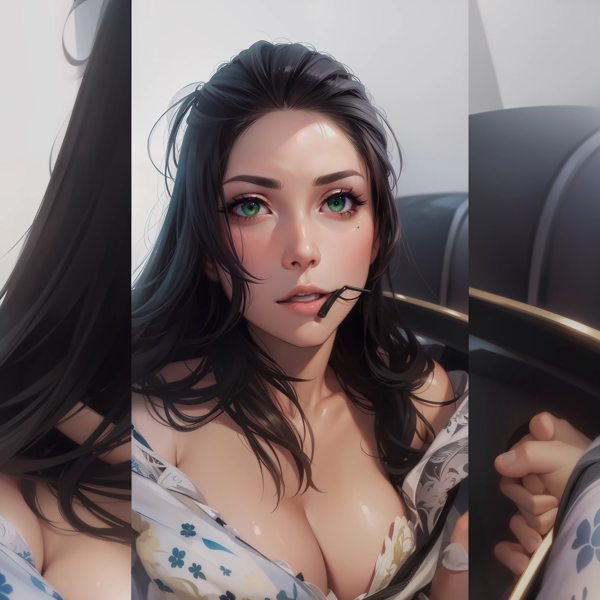 Realistic photo, green and oriental eyes and large breasts. Please use a provided image to generate a realistic version of it with higher resolution and detail