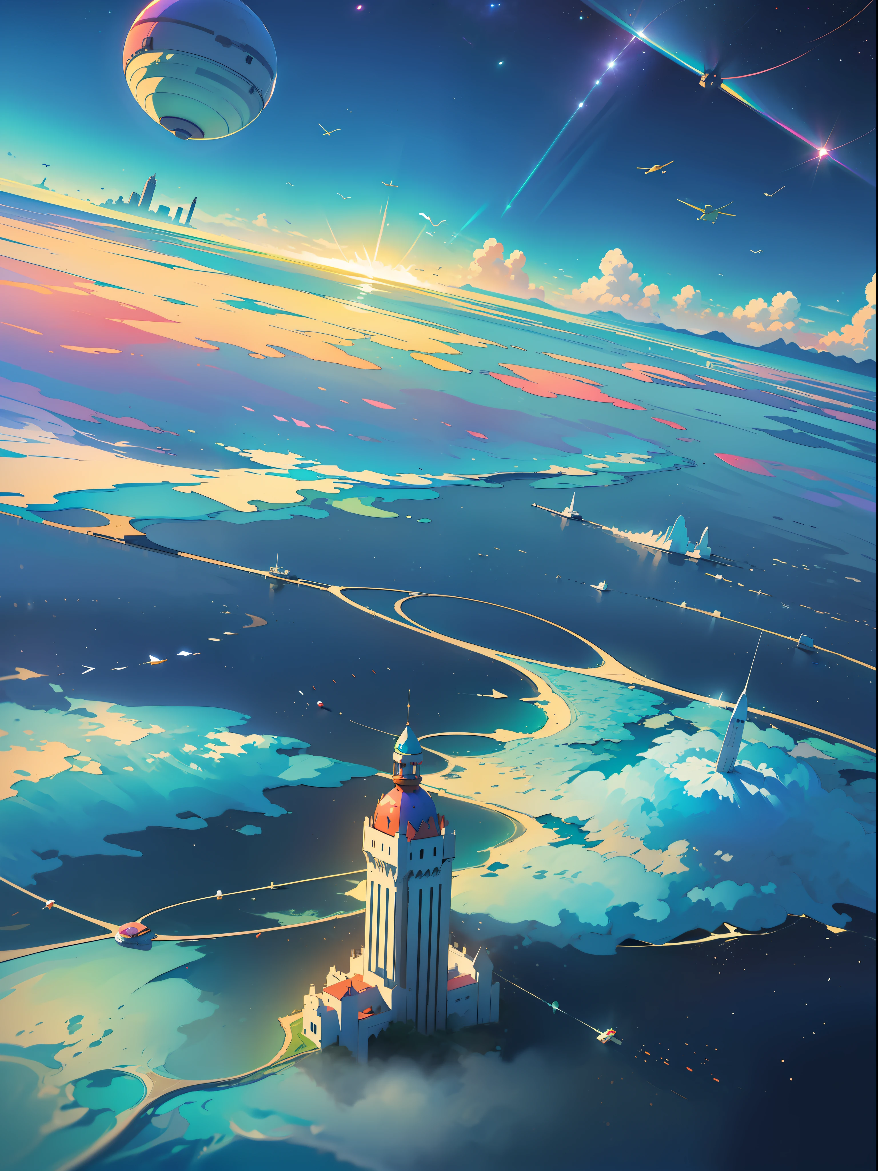 ((🎈 City in the Sky composed of spaceships)), quality of artwork, rendering of particles, ({vivid} high saturation), ({floating} suspended), ({water} water surface) scenes, under ({ sunlight}), ( 🌊 🌫️ { fog 🌈 ☀️ 🔮} fog) surrounded by extremely distant perspectives. --v6