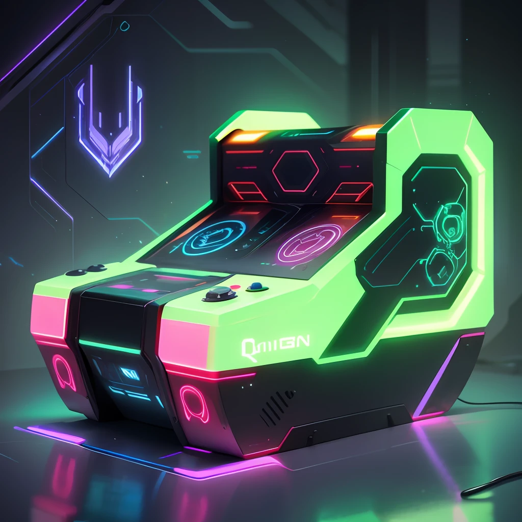 Quantum video game, LEDs, retrofuturistic style, futuristic video game design, quantum futuristic arcade. --auto --s2