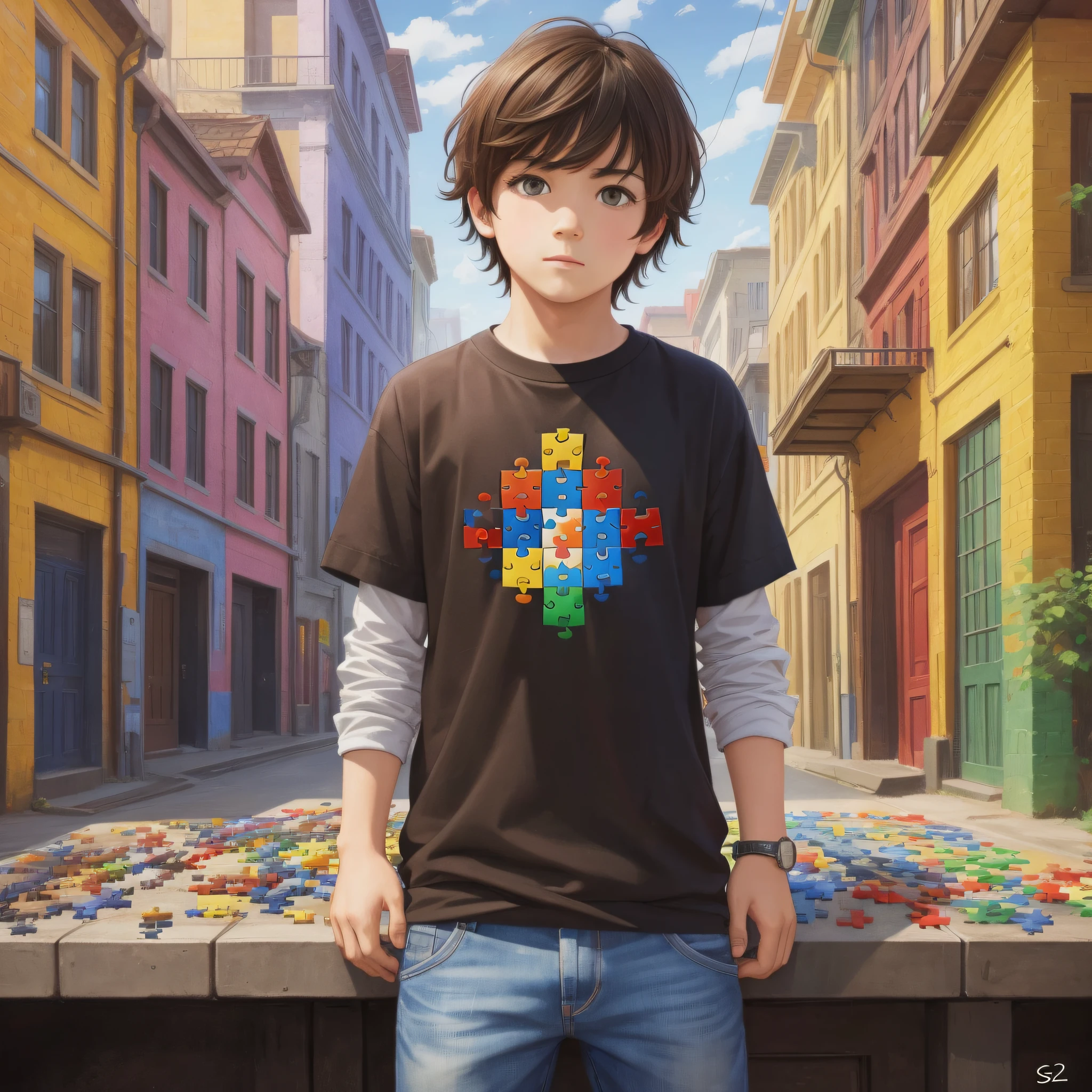 Multicolored puzzle, autism symbol, realistic art, brunette boy, rounded face, dark brown eyes, dark brown short hair --auto --s2
