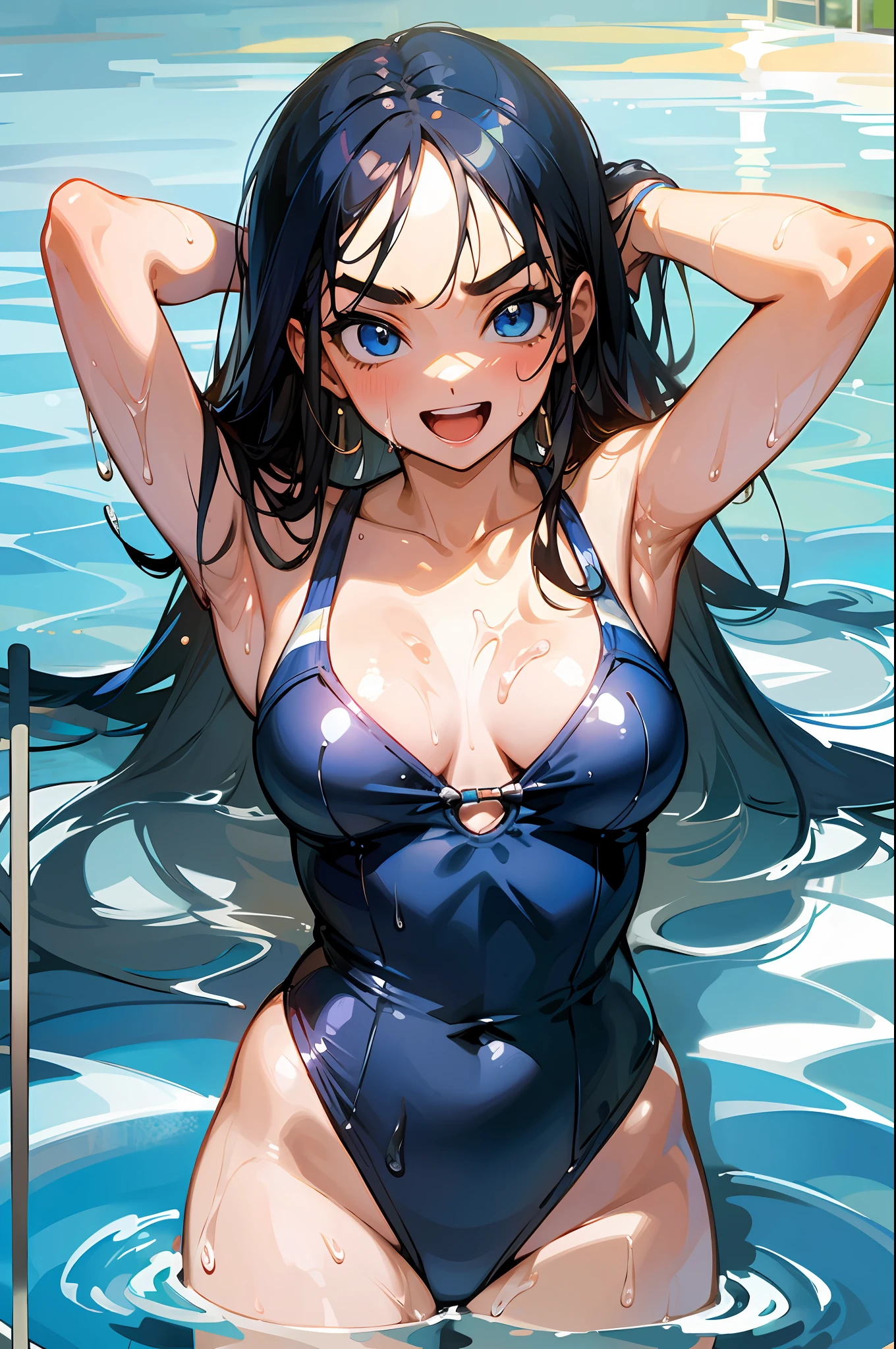 masterpiece, Best Quality, Hi-Res ,, One Girl, Solo, Blue Eyes, Long Hair, Bangs, Eyebrows, One Piece Swimsuit, Poolside, Open Mouth, Smile, Wet, --auto --s2