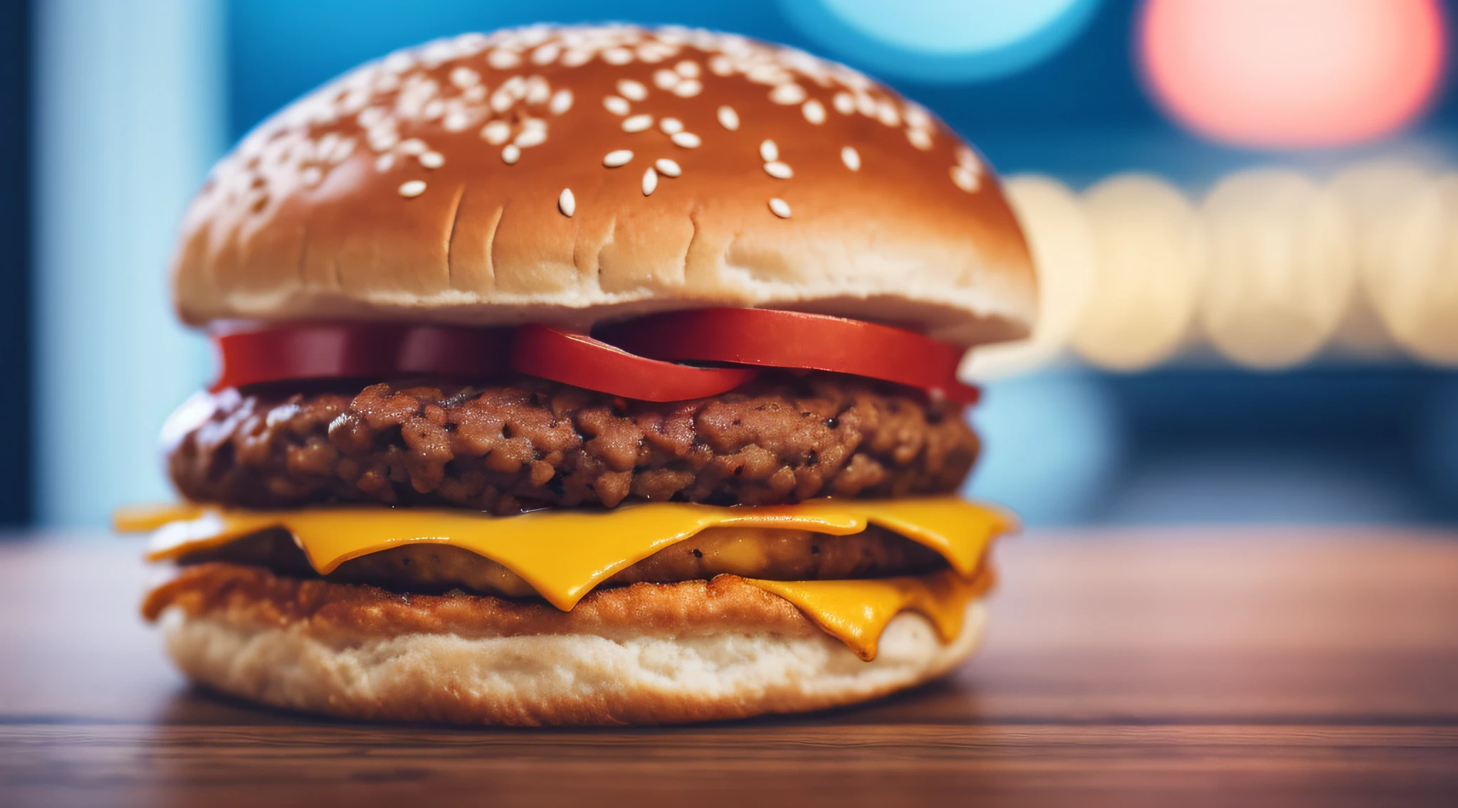 hamburger on a table in a modern restaurant, with blue and red details, blurred background, background of a modern restaurant with blue and red details, 8k uhd, dslr, soft lighting, high quality, film grain, Fujifilm XT3 --auto --s2