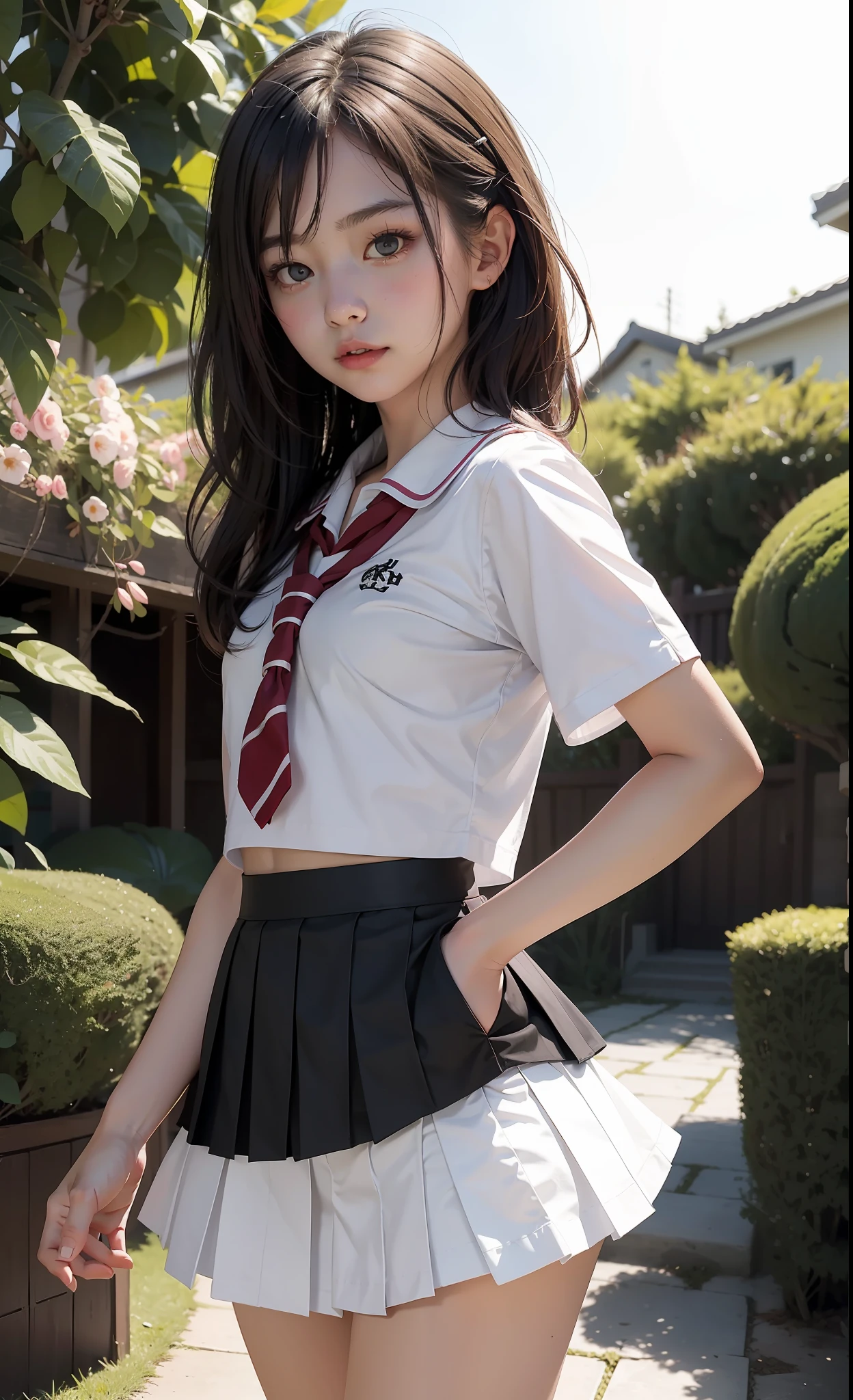 concept art, small chest, hips, look at viewer, shy blush face, sexual expression, 1school girl, wearing white school top, black skirt, Japanese school dress, skirt floating, pulling skirt up with hand, unconcerned, NSFW, quality, in the garden, loli, contrast, dark,