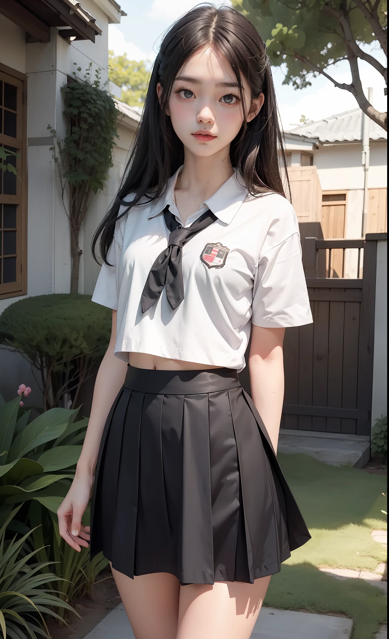 concept art, small chest, hips, look at viewer, shy blush face, sexual expression, 1school girl, wearing white school top, black skirt, Japanese school dress, skirt floating, pulling skirt up with hand, unconcerned, NSFW, quality, in the garden, loli, contrast, dark,