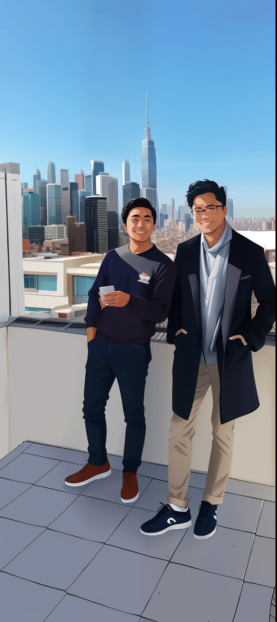 Two men standing on a roof with a city in the background in the style of Japanese anime characters