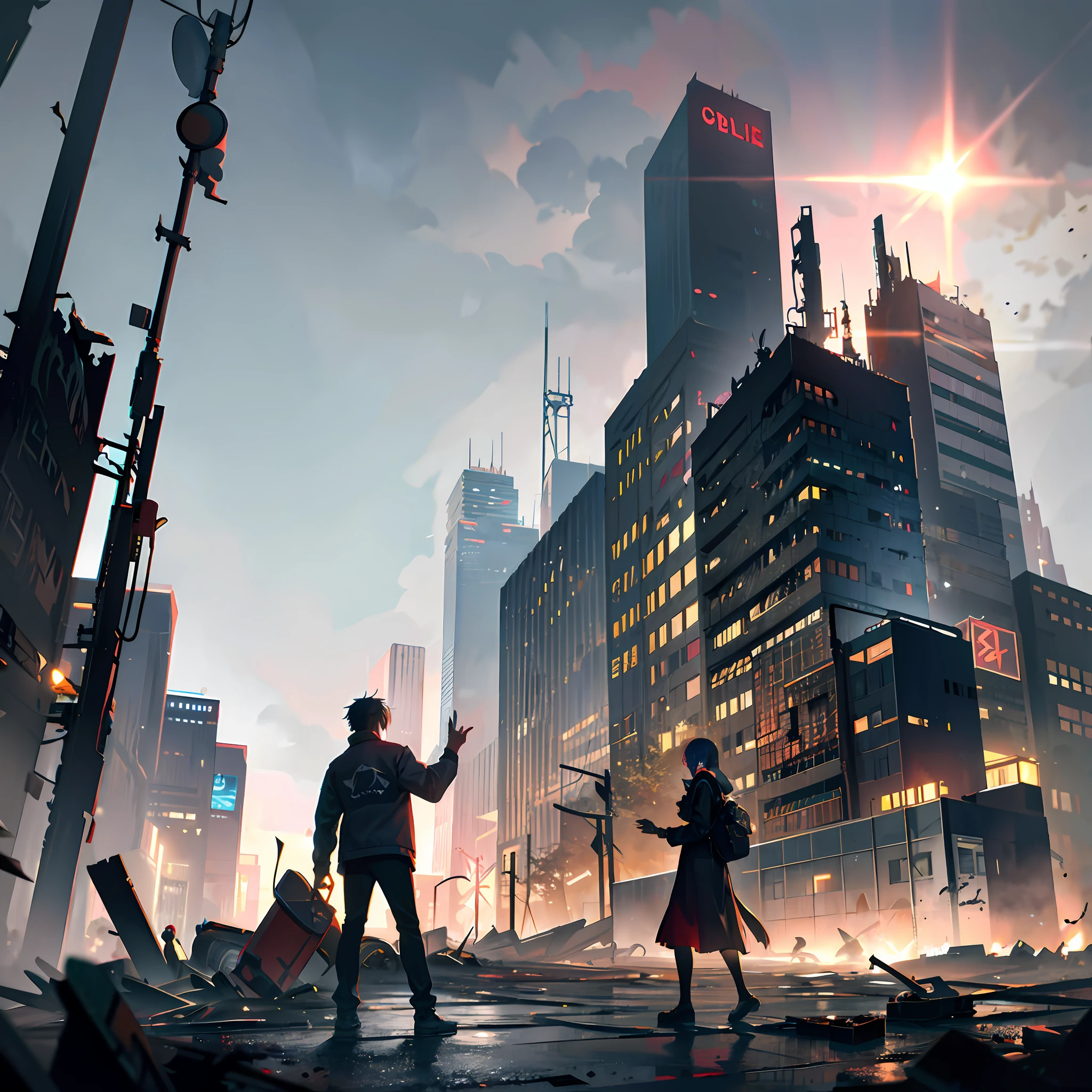 The illustration depicts a dystopian landscape, where chaos and decay dominate a once-thriving city. The environment is dark, desolate and oppressive, conveying a sense of despair and hopelessness.
The city is shrouded in a dense, toxic haze that hangs in the air and obscures dilapidated and abandoned buildings. Deteriorated skyscrapers rise like concrete skeletons, with broken windows and rusty structures. The streets are littered with debris, garbage and rusty and abandoned vehicles.
Lighting is sparse, with few light poles functioning precariously. The darkness is broken only by dim, flashing lights emanating from small windows of decaying buildings, creating a dark and sinister atmosphere.
In the sky, heavy, dark clouds hang over the city, preventing the sun's rays from passing. Toxic smoke emerges from industrial chimneys, creating an even denser and more polluted haze, imparting an air of environmental despair.
The people who wander the streets are dressed in worn clothes and tired countenances. Their expressions are of dismay and resignation, reflecting the harsh reality in which they live. Some carry suitcases and scarce belongings, suggesting an uncertain search for shelter and safety.
In the central part of the city, stands a government building in ruins, with its cracked façade and faded letters. This symbol of authority is now abandoned and eroded by time, representing the downfall of a broken system.
The dystopian landscape conveys the sense of a collapsing society, where depleted resources, social inequalities and environmental neglect have culminated in a desolate and decaying city.