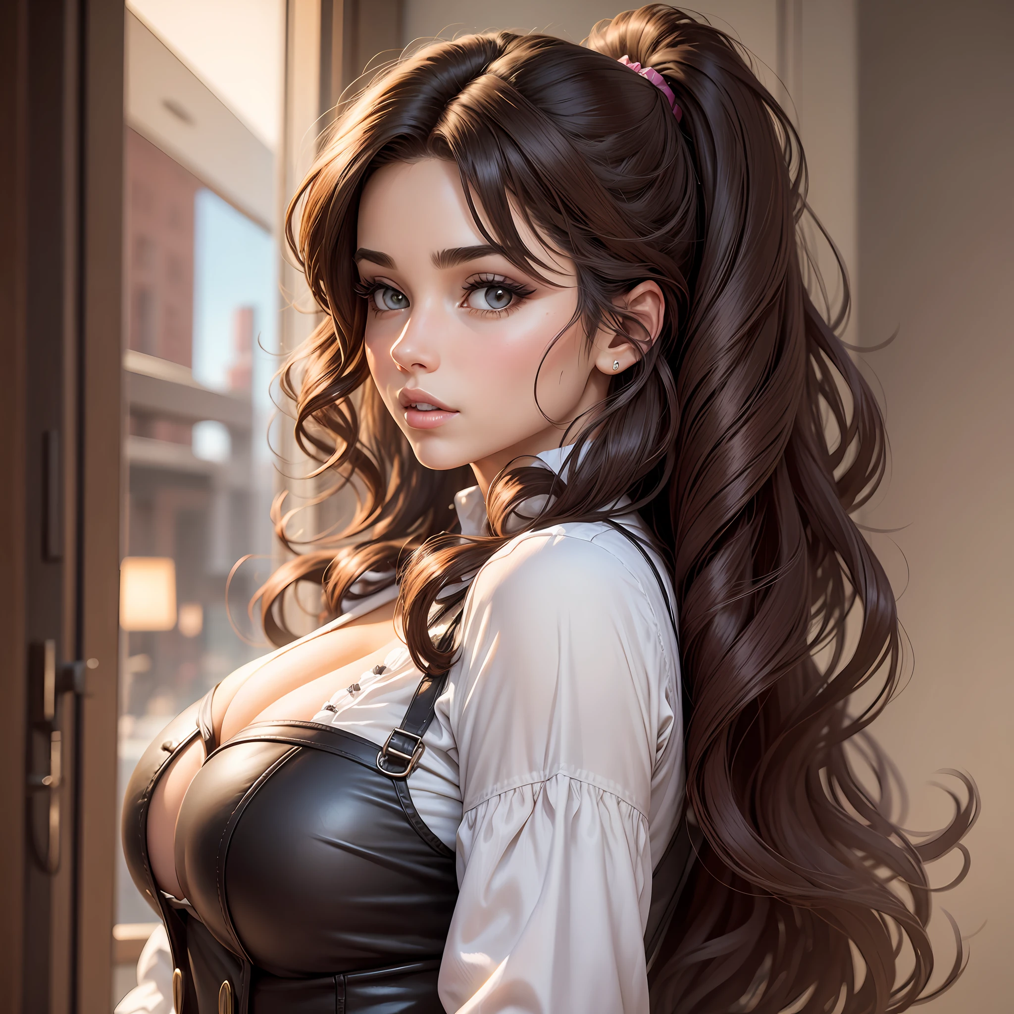 A big-breasted woman appearing.  Beautiful brunette big hair --auto --s2