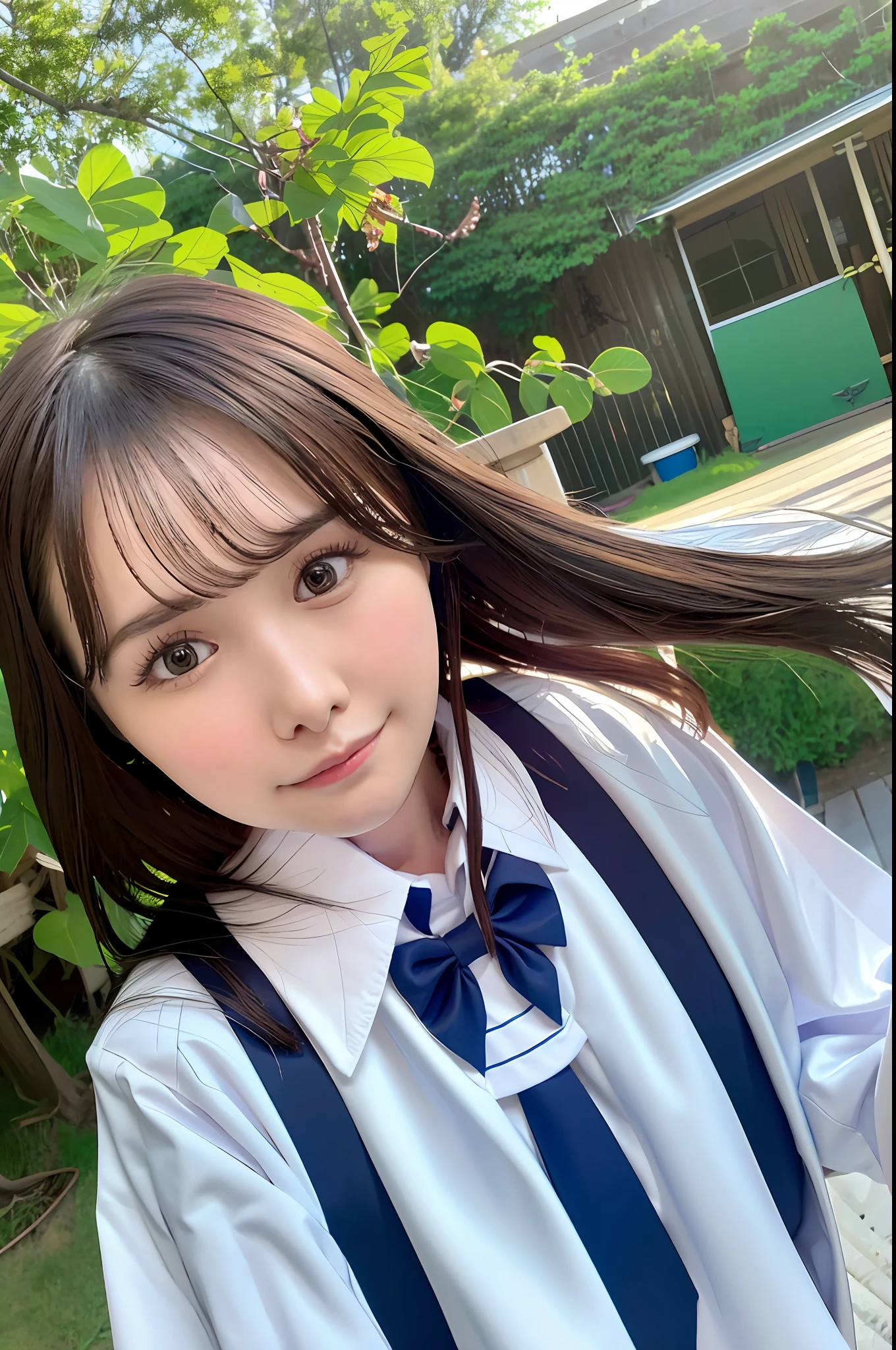(8k, RAW photo, highly sensitive, best quality, masterpiece, ultra high res, photorealistic:1.25),high res,1girl, (school uniform:1.4),(floating hair:1.6), (skindentation), (professional lighting),(huge :1.26),day,(outdoor:1.37),ultra-detailed,(shiny skin:1.35),(plump:1.25), (blouse:1.35),(light particles, lens flare, glowing particles:0.6), (floating hair:1.2),(dynamic pose:1.2), specular lighting, soft lighting, sunlight, looking at viewer, (small head:1.4),pureerosface_v1,