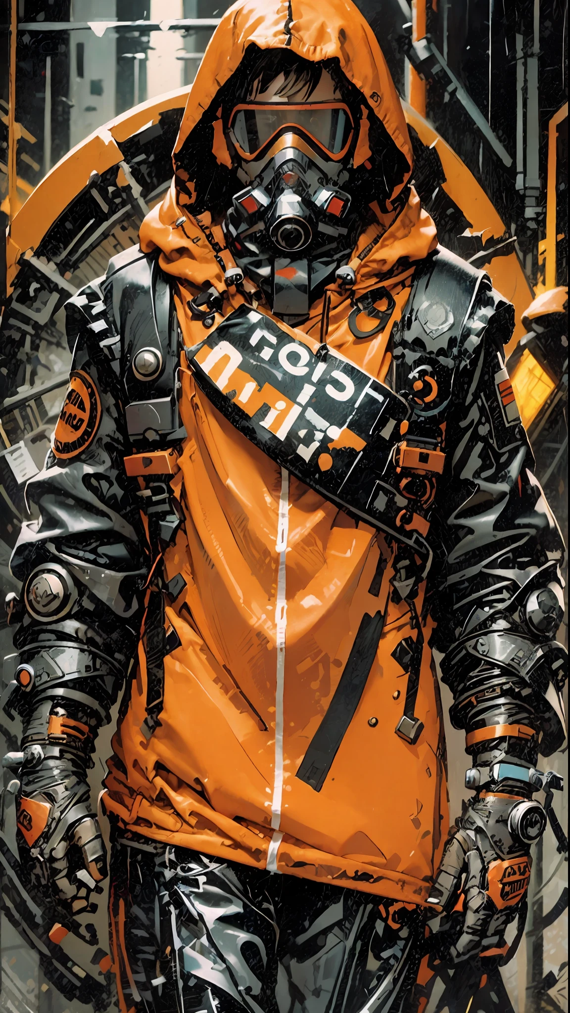 ((masterpiece)), (ultra detailed), 1 Man , solo, close, prisoner clothing, cold, layers of clothing, bulky orange clothes, black details, futuristic clothes,, cold, orange clothing, hood, respiratory masks, goggles, hands tied, neck light ring, winter,