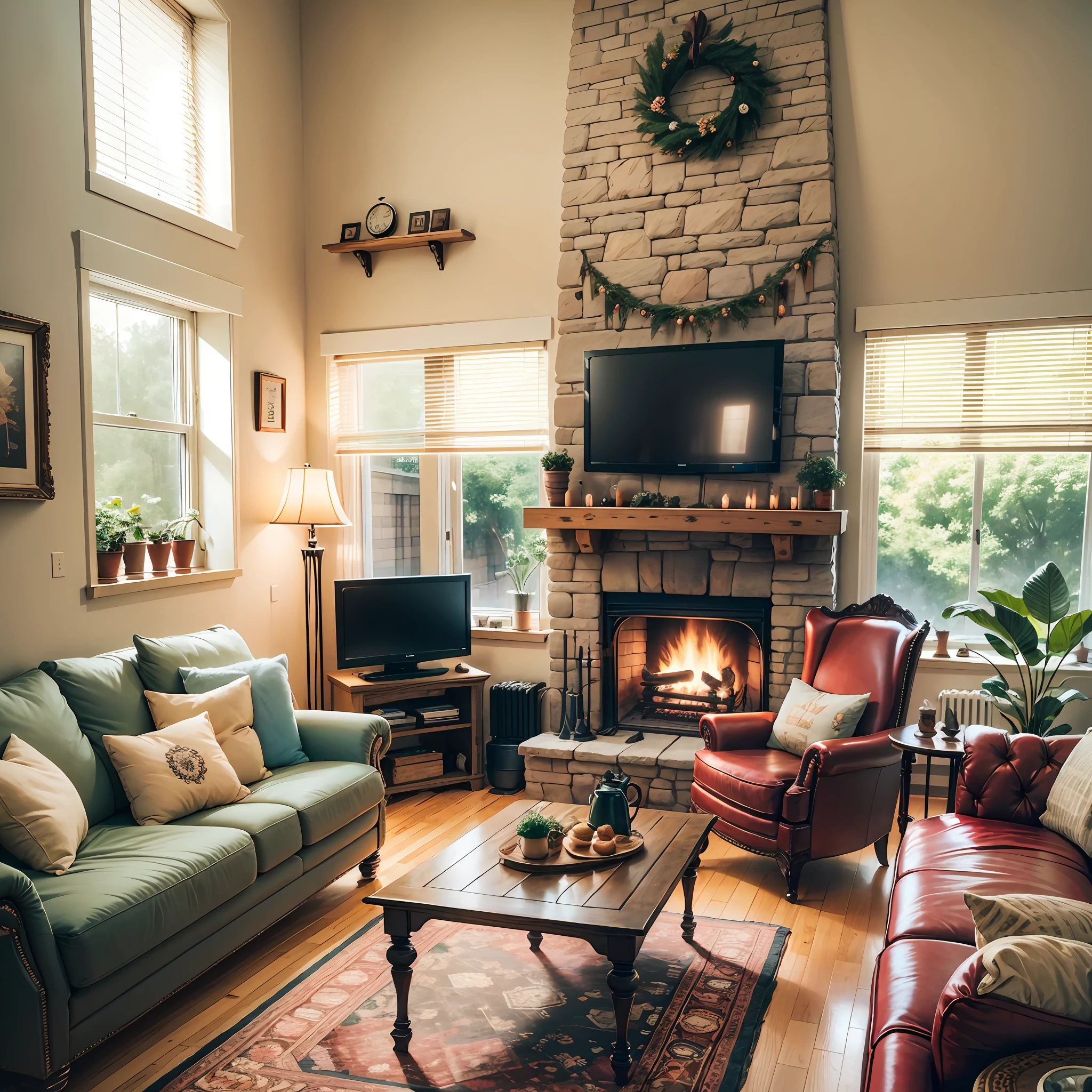 A cozy living room with a fireplace and warm lighting --auto --s2
