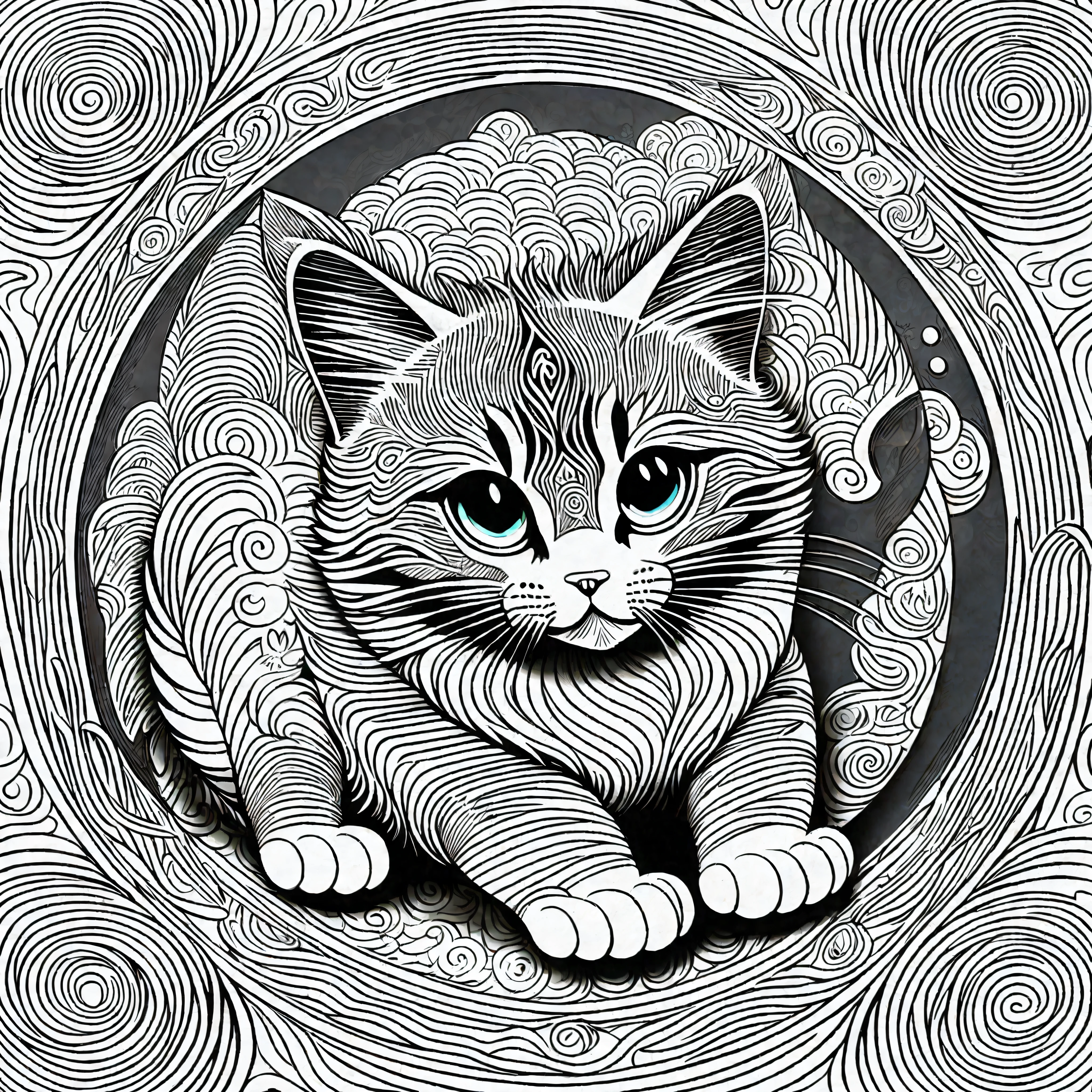 cat, kawaii style puppy, fantasy, magical, mystical, unusual, black and white, wavey lines, realistic line art drawing, coloring book page , no noise, crisp thick lines, outline art, centred image, isolated on a white background --v 4 --ar 2:3 --auto --s2