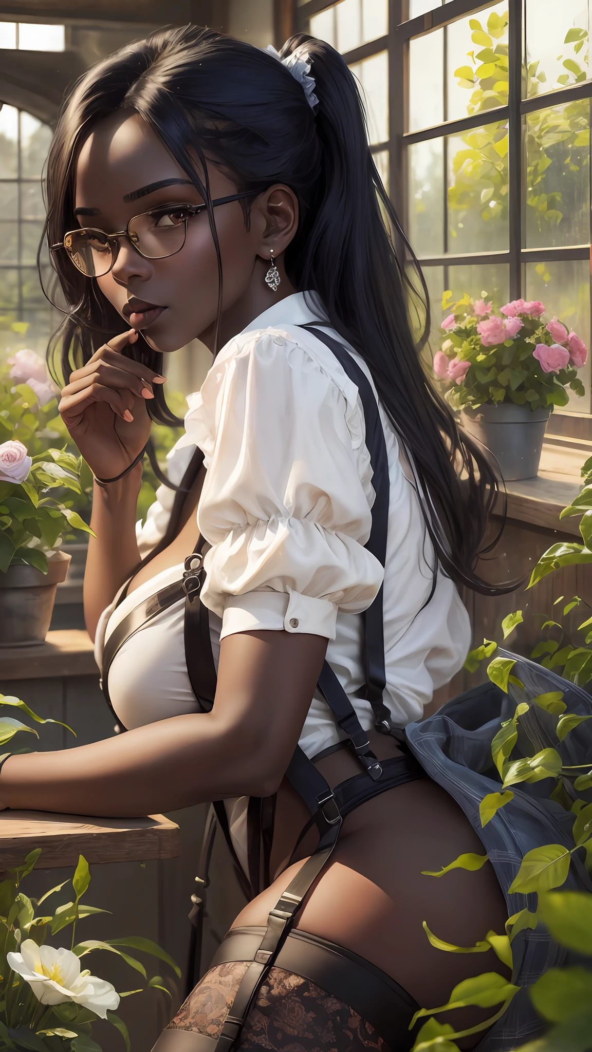 Masterpiece, highest quality, high resolution, extreme detail, 1 woman, 18 year old female with dark skin bent over a table, chest on table, dark skin, large breasts, dark lips, eye liner, blushing cheeks, long black hair in 2 very large pony tails, khaki gingham skirt, lace panties, white thigh high stockings, (suspenders:1.5), glasses, seductive look, looking at camera, 3/4 long shot, cowboy shot, greenhouse, flowers, next to large windows, stained glass windows,