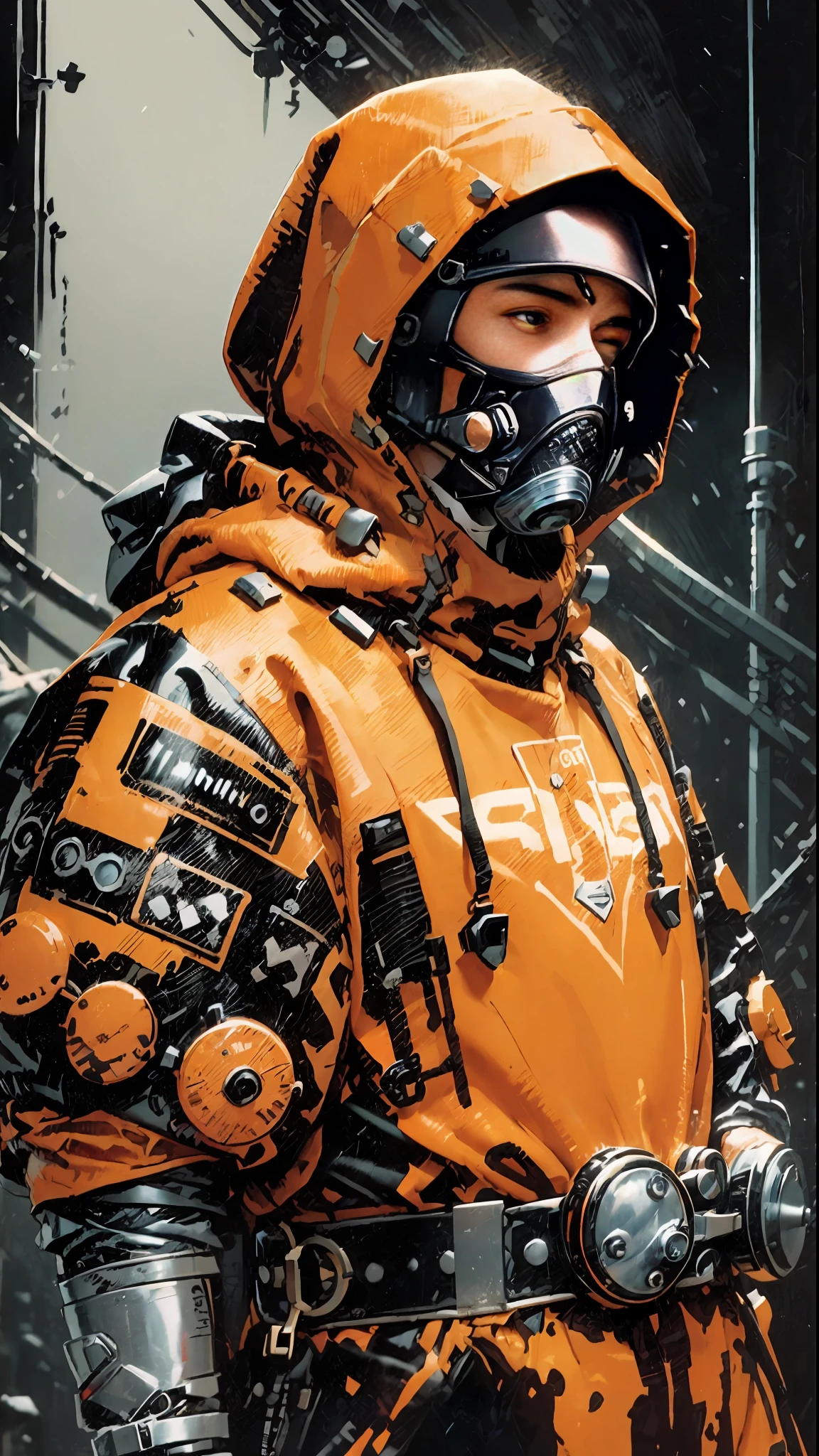 ((masterpiece)), (ultra detailed), 1 Man , solo, close, prisoner clothing, cold, layers of clothing, bulky orange clothes, black details, futuristic clothes,, cold, orange clothing, hood, respiratory masks, goggles, hands tied, neck light ring, winter,