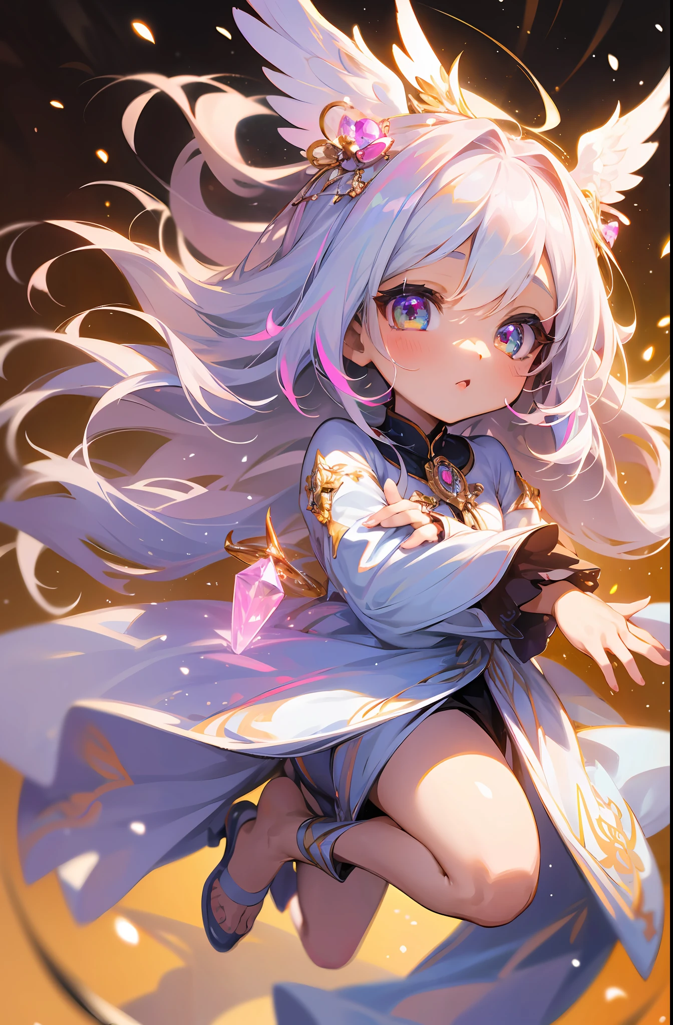 (Chibi: 1.3) (Masterpiece: 1.4), (Best Quality: 1.4), (Very Cute Angel Girl, Super Detailed Face, Jewel-like Eyes, White Very Long Hair, Colorful Gradient Hair: 1.4), (Angel Ring:
1.4), (Angel Wings: 1.4), (Full body, perfect 2 arms, perfect 2 legs: 1.4), Perfect 4 fingers: 1 thumb, light, shine, bokeh, super fine