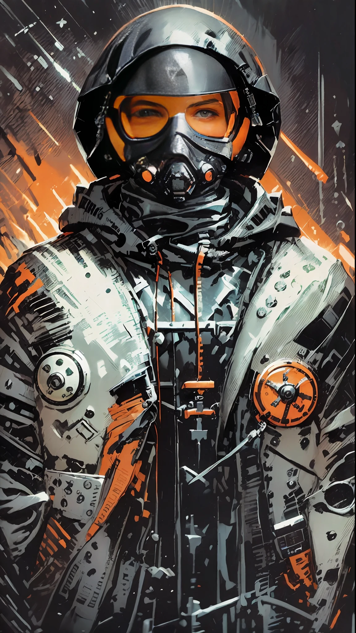 ((masterpiece)), (ultra detailed), 1 Man , solo, close, prisoner clothing, cold, layers of clothing, bulky orange clothes, black details, futuristic clothes,, cold, orange clothing, hood, respiratory masks, goggles, hands tied, neck light ring, winter,