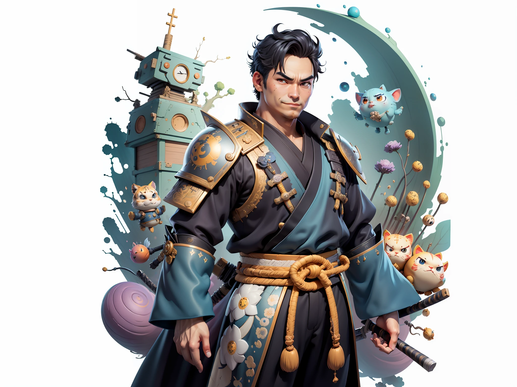 (Masterpiece), (Excellent), (Super Meticulous), (Full Body: 1.2), Super Young Man, Oriental Face, Japanese Samurai, Japanese Samurai Armour, Tiger, TV Anchor, Bust Portrait Illustration, Alone, Black Suit, Blue Tie, Slightly Chubby Face, Very Clean Face, No Beard, Black Super Short Hair, Black Eyes, Confident Smile, 3c Computer Sub-Products, iPad, iPhone, Digital Painting, 3D Character Design by Mark Clairenden and Pixar and Hayao Miyazaki, The illustration is a high-definition illustration in 4K resolution with very detailed facial features and cartoon-style visuals.