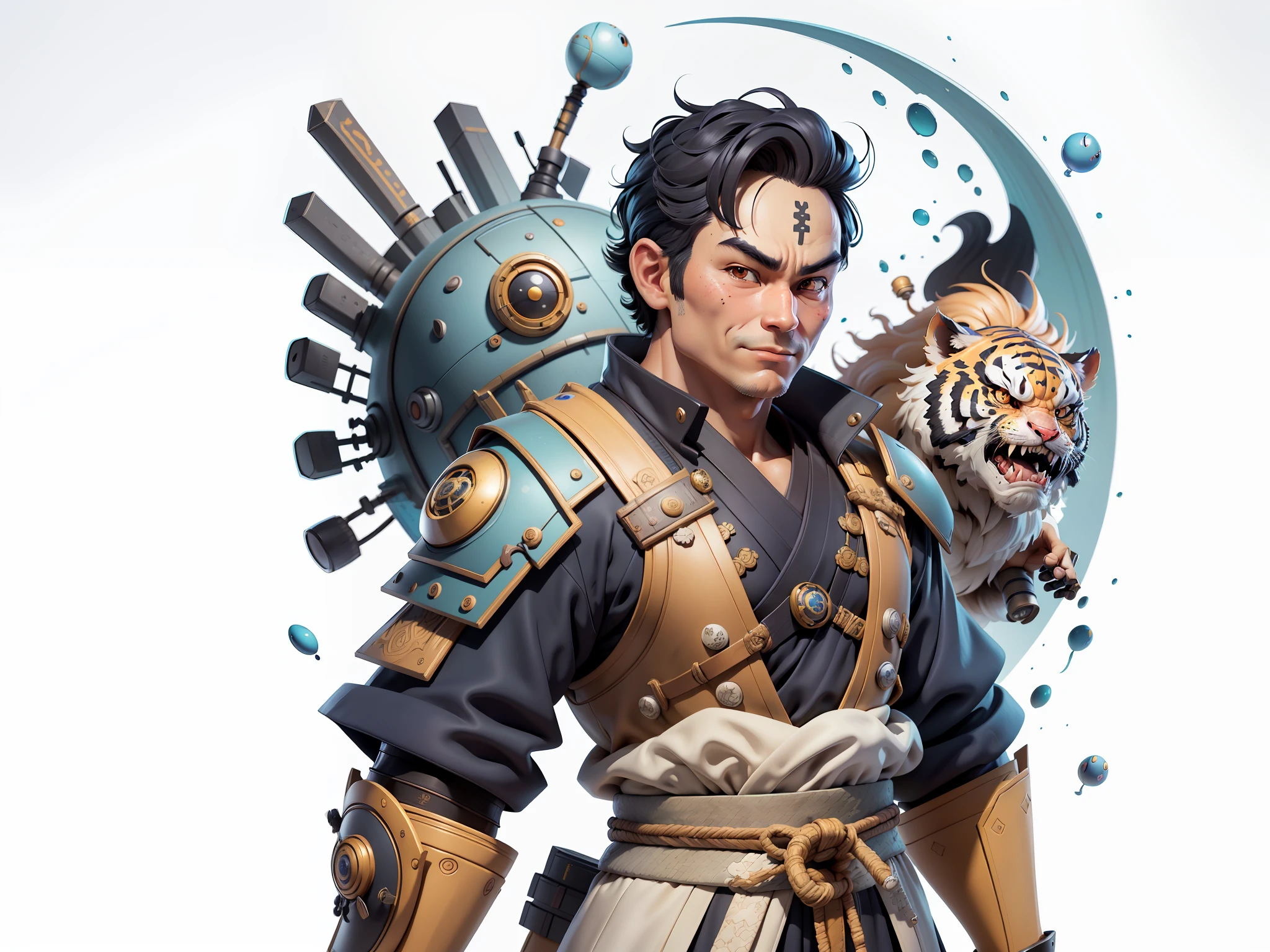 (Masterpiece), (Excellent), (Super Meticulous), (Full Body: 1.2), Super Young Man, Oriental Face, Japanese Samurai, Japanese Samurai Armour, Tiger, TV Anchor, Bust Portrait Illustration, Alone, Black Suit, Blue Tie, Slightly Chubby Face, Very Clean Face, No Beard, Black Super Short Hair, Black Eyes, Confident Smile, 3c Computer Sub-Products, iPad, iPhone, Digital Painting, 3D Character Design by Mark Clairenden and Pixar and Hayao Miyazaki, The illustration is a high-definition illustration in 4K resolution with very detailed facial features and cartoon-style visuals.