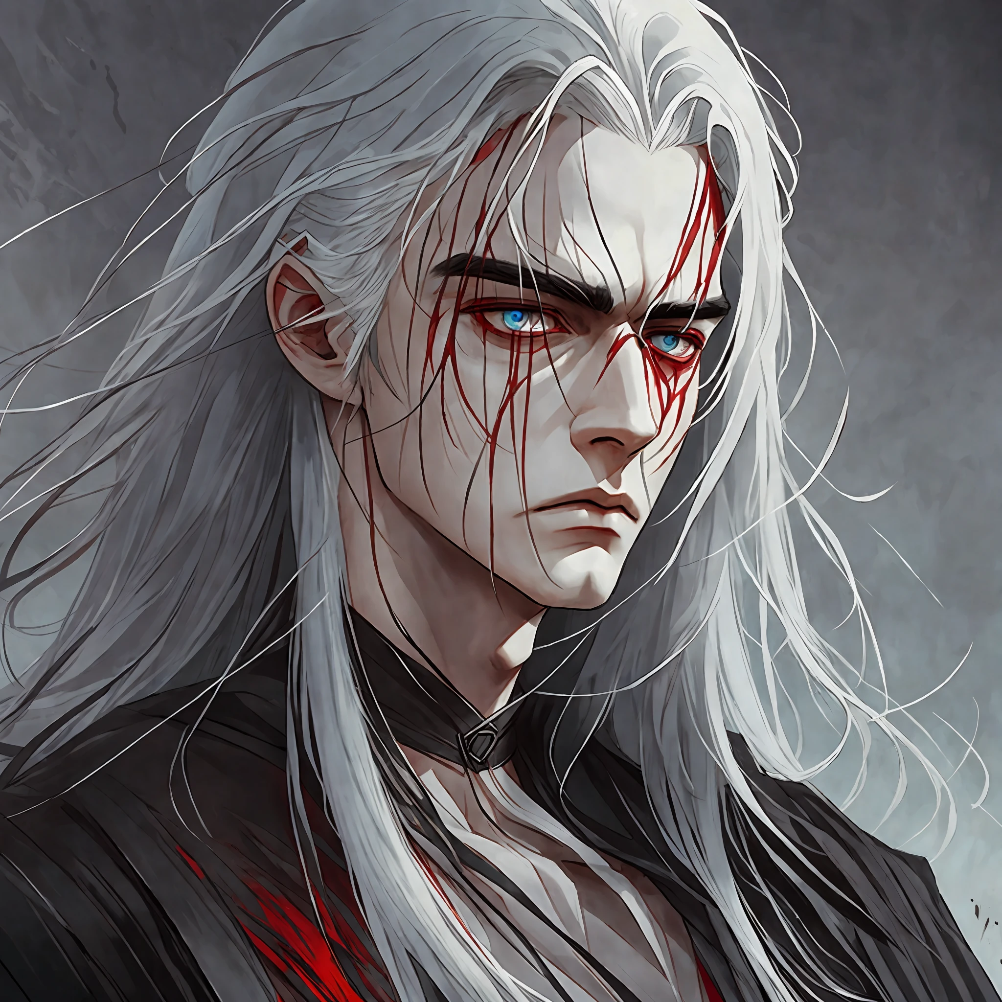 A man, greenish and dirty skin, long hair up to the neck, straight white hair, especially black, Dark scene, Shot in 16K resolution, high resolution, anatomically realistic digital painting, very detailed human skin, very detailed eyes, threatening and cold eyes, facial expression of contempt, around him has several terrifying shadows, shade of red on the clothes, shade of red in the background --auto --s2