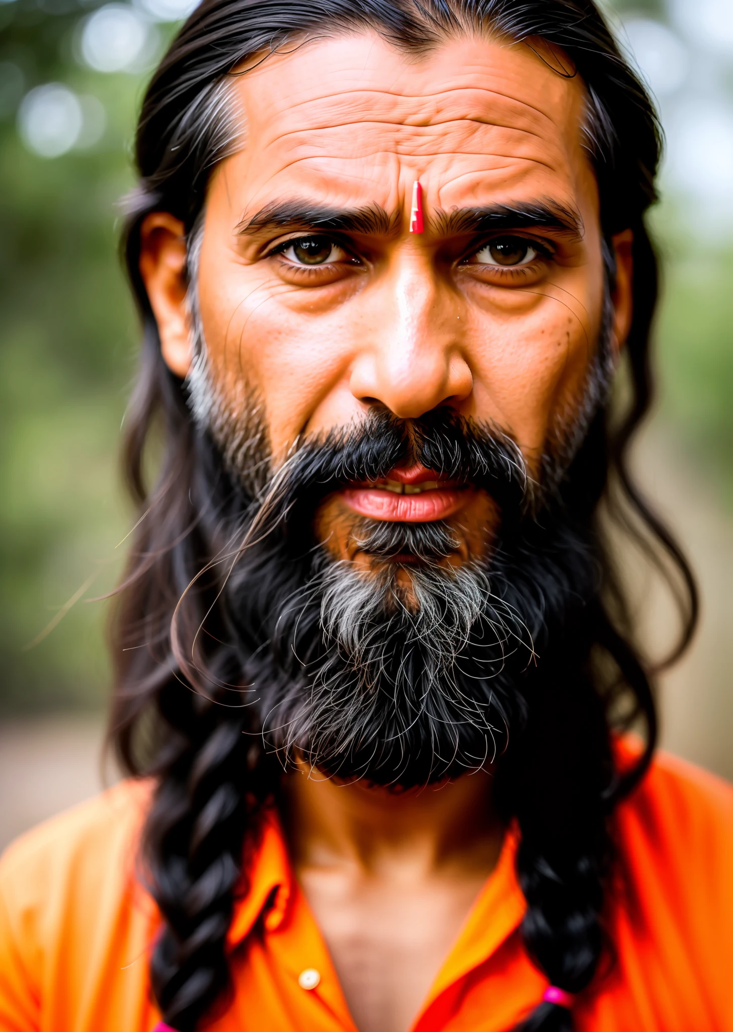 RAW photo, super realistic, close-up portrait of a 50-year-old Hindu man, wearing Indian clothes, long haircut with a braid, black colored hair, gray beard, square face, slim body, himalaya background background (highly detailed skin: 1.2), 8k uhd, dslr, soft lighting, high quality, film grain, Fujifilm XT3