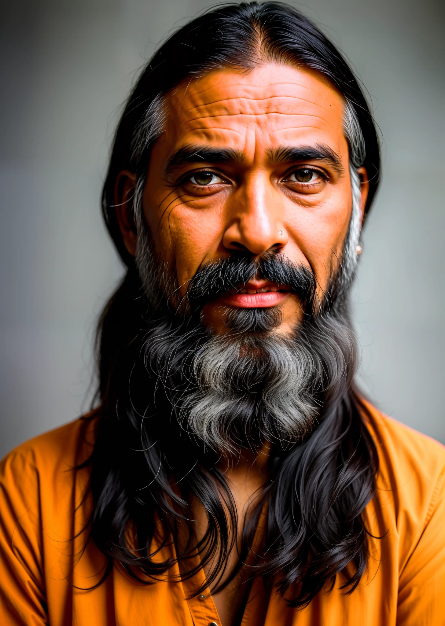 RAW photo, super realistic, close-up portrait of a 50-year-old Hindu man, wearing Indian clothes, long haircut with a braid, black colored hair, gray beard, square face, slim body, himalaya background background (highly detailed skin: 1.2), 8k uhd, dslr, soft lighting, high quality, film grain, Fujifilm XT3