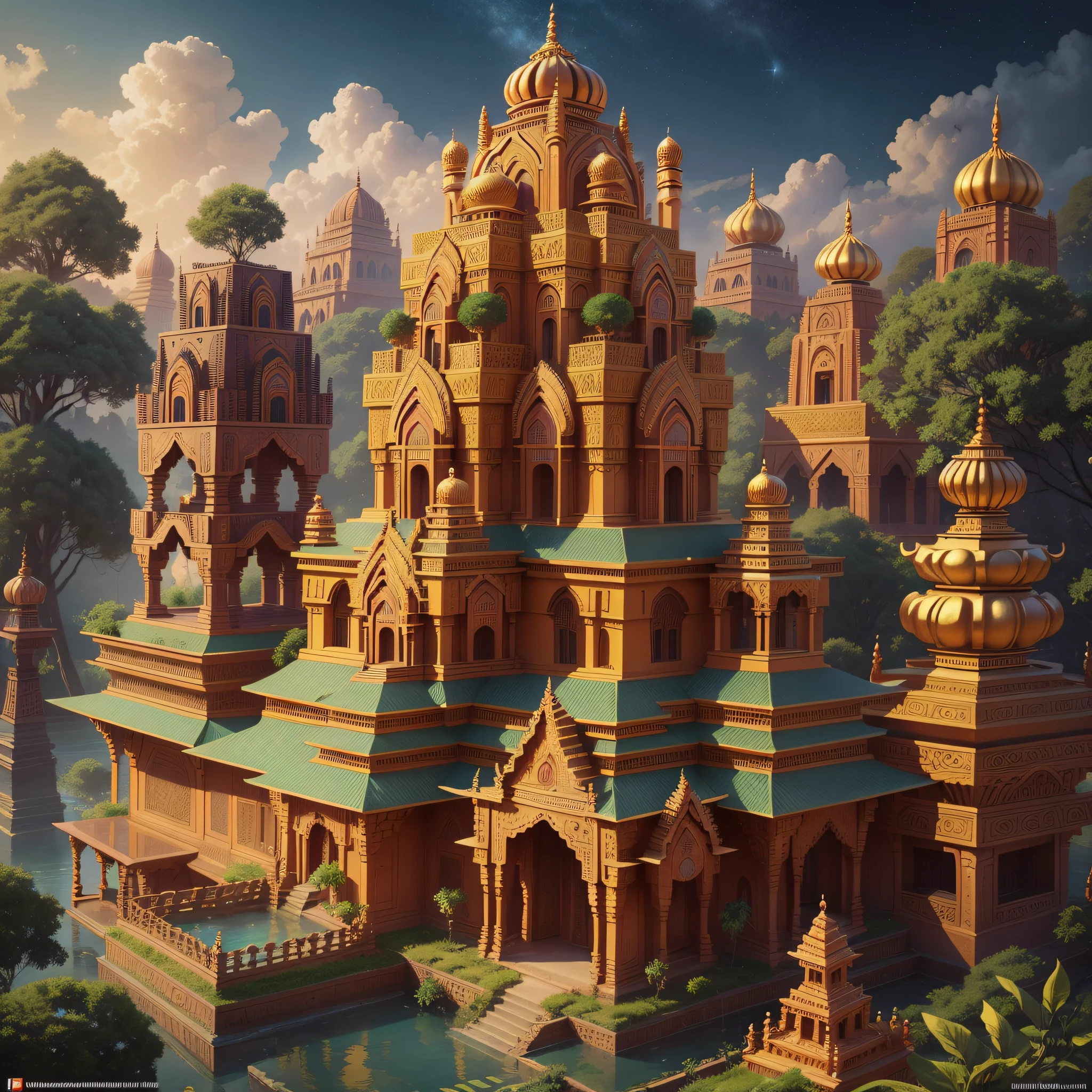 An awe-inspiring image of a fantasy kingdom that takes inspiration from the magnificent Hindu temple architecture in the Dravidian style, specifically found in the southern state of Tamil Nadu, India. The kingdom's structures are adorned with intricate carvings, towering gopurams (ornate gateways), and vibrant murals depicting mythological scenes. The architecture showcases the characteristic pyramid-shaped vimanas (towering structures) and intricately carved pillars, creating a mesmerizing sight. The kingdom is nestled amidst lush tropical landscapes, with swaying palm trees, cascading waterfalls, and serene lotus-filled ponds. The streets are bustling with characters clad in vibrant traditional attire, reflecting the rich cultural heritage of Tamil Nadu. Mythical creatures inspired by Hindu mythology, such as celestial beings, mystical serpents, and divine guardians, coexist harmoniously within the kingdom, enhancing its ethereal aura. This image is executed as a highly detailed digital artwork, capturing the intricate architectural details, natural beauty, and mythical elements, while incorporating a color palette that complements the vibrant hues of the fantasy kingdom. --ar 16:9 --v 5